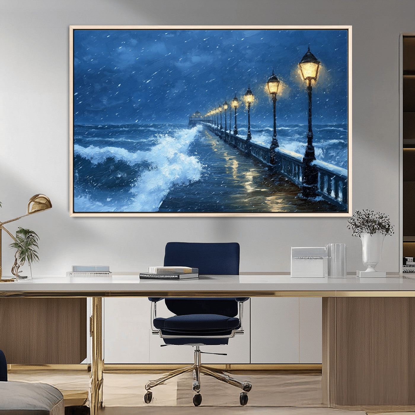 MGV-FC-36X24 - Stormy Ocean Pier Lights Canvas Wall Art Print - Large Moody Night Scene for Living Room, or Office,