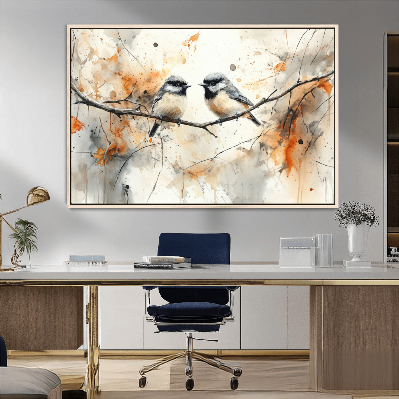 MGV-FC-36X24 - Abstract Watercolor Chickadee Bird Canvas Wall Art Print - Large Bird and Branch Wall Art, Modern