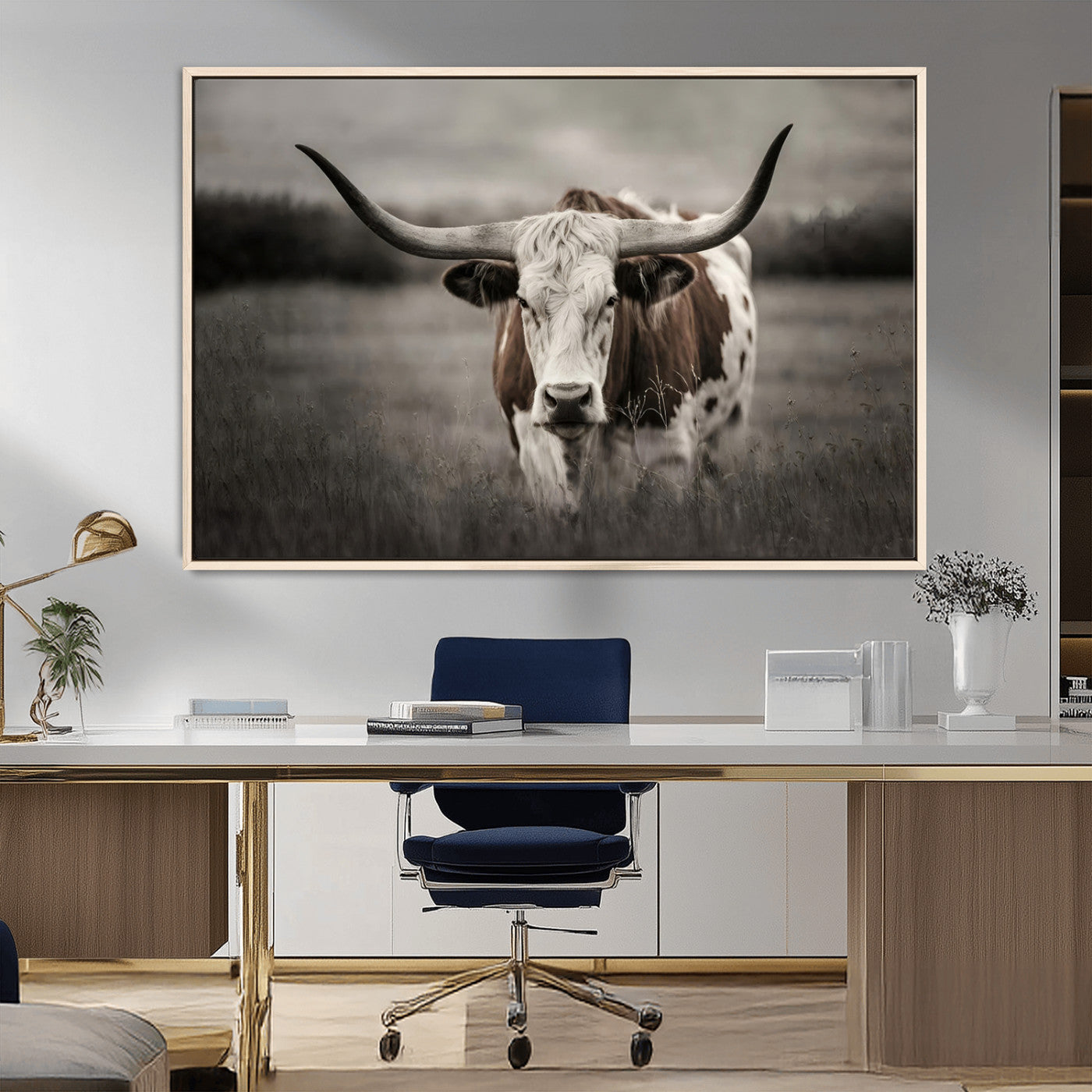 MGV-FC-36X24 - Texas Longhorn Cow Canvas Wall Art Print - Large Rustic Longhorn Art for Living Room, Western Wall