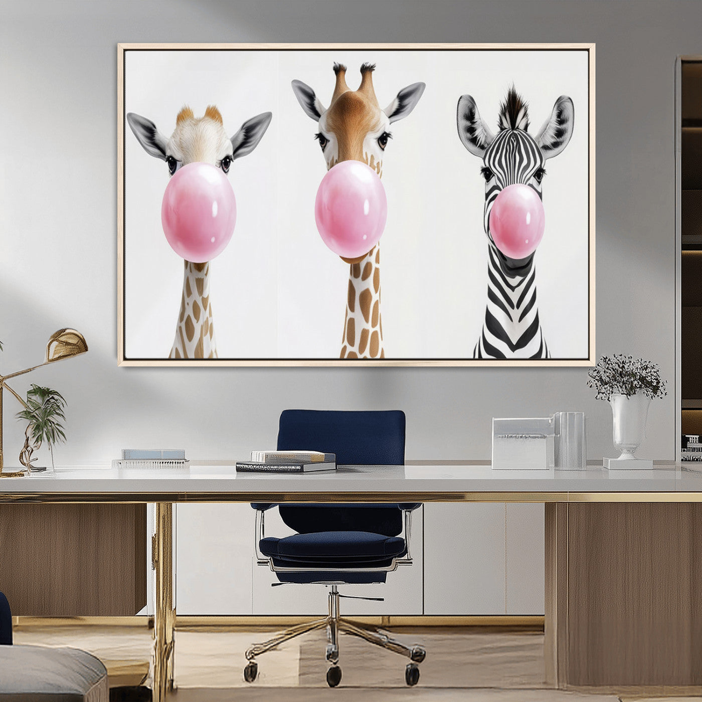 MGV-FC-36X24 - Bubblegum Animals Canvas Wall Art - Playful Giraffe and Zebra Trio, Fun Nursery Decor for Kids'