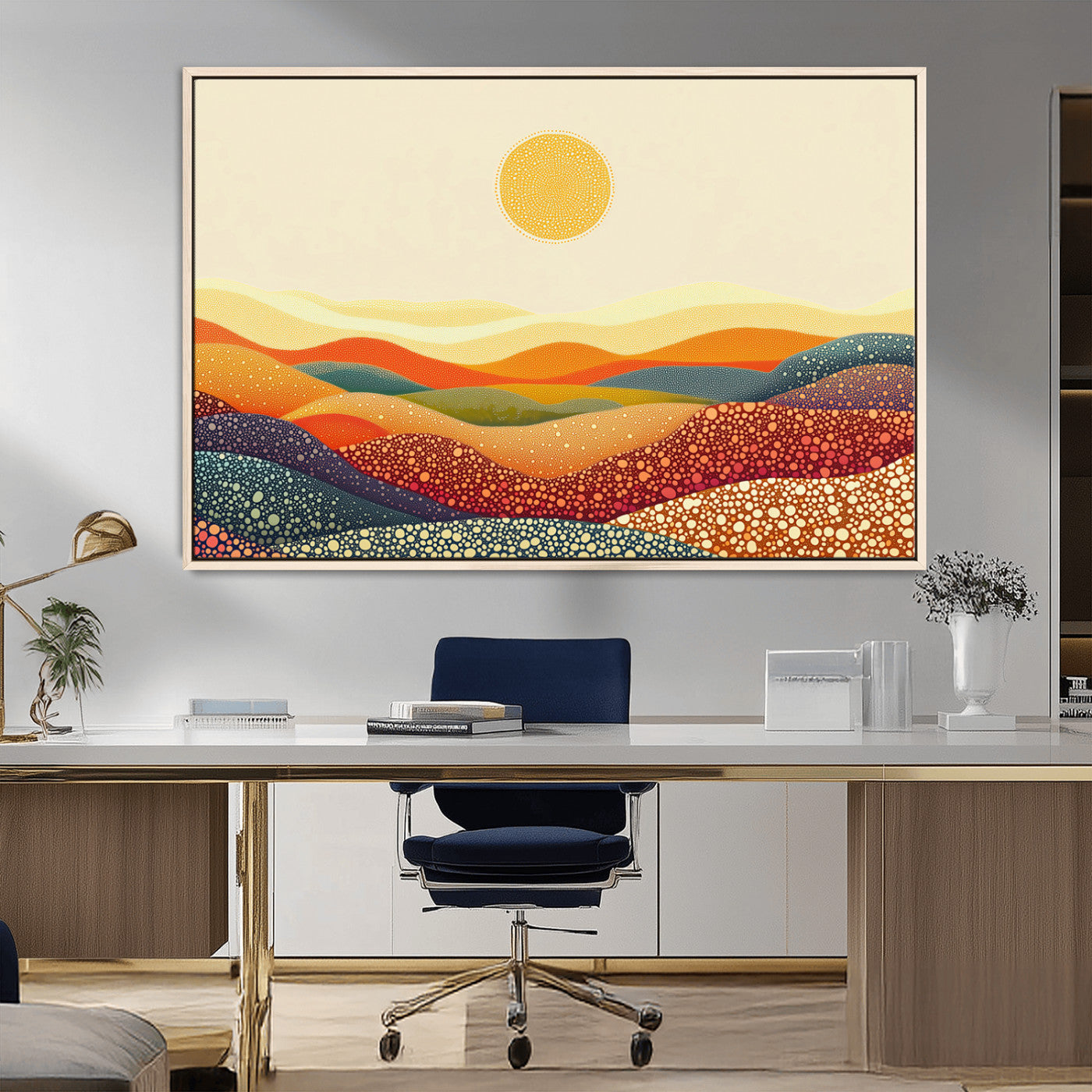 MGV-FC-36X24 - YAYOI KUSAMA Colorful Dot Art Landscape Canvas - Framed Abstract Pointillism Inspired by Nature with