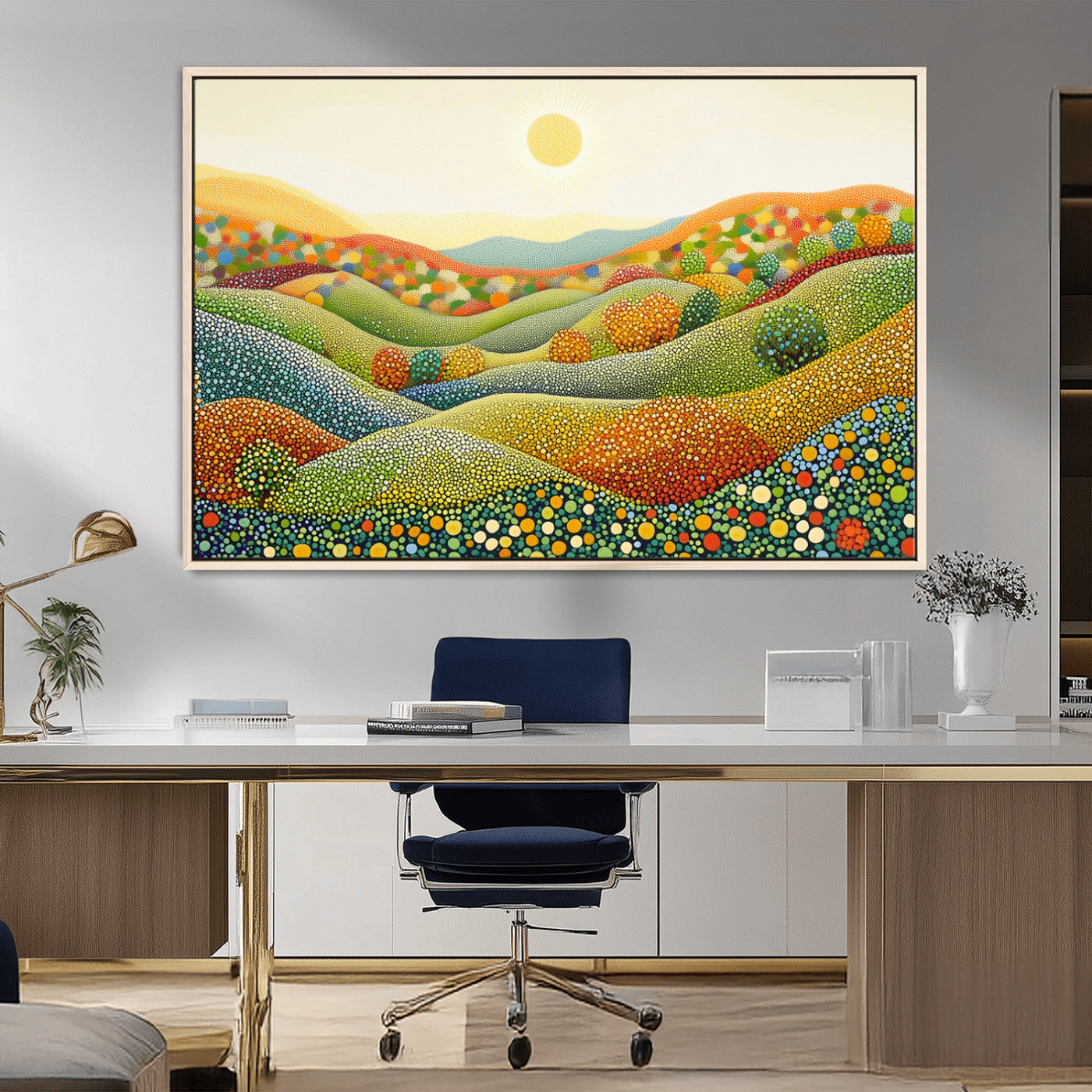 MGV-FC-36X24 - YAYOI KUSAMA Wall Art - Colorful Dot Art Landscape Canvas, Framed Japanese Dot Art