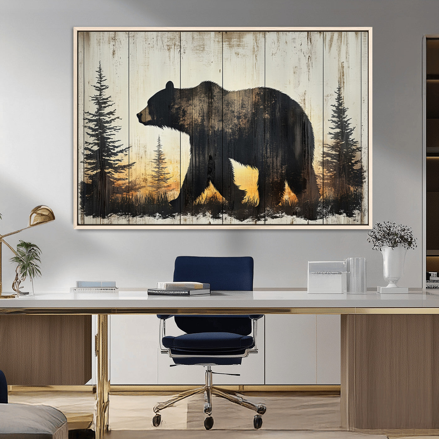 83875-MGV-FC-36X24_Natural-Vintage Bear Wall Art Canvas Print for Farmhouse - Mountain Wood Canvas Wall Art - Forest Silhouette