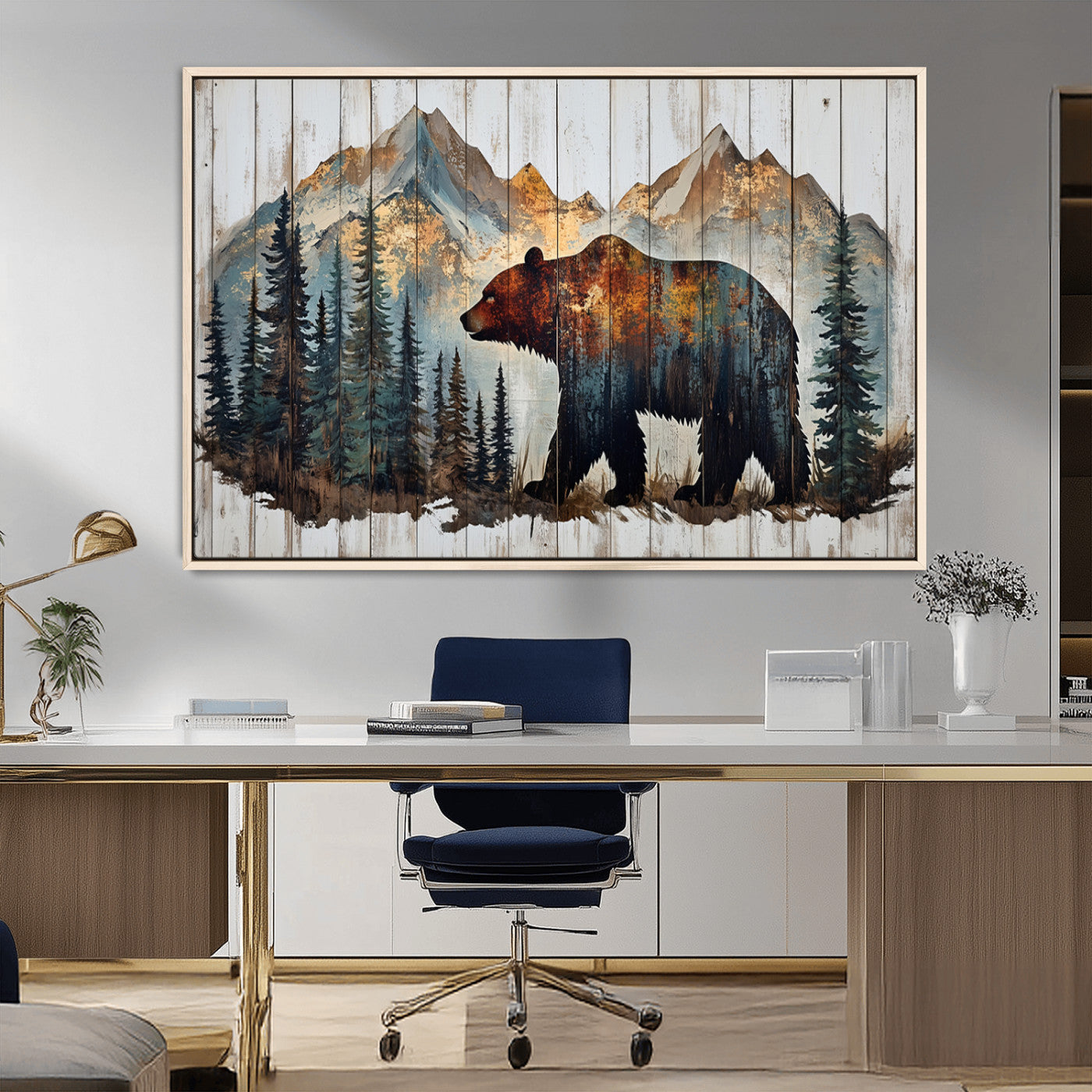 55777-MGV-FC-36X24_Natural-Rustic Grizzly 399 Bear and Mountain Wood Canvas Wall Art - Framed Nature Artwork with Forest