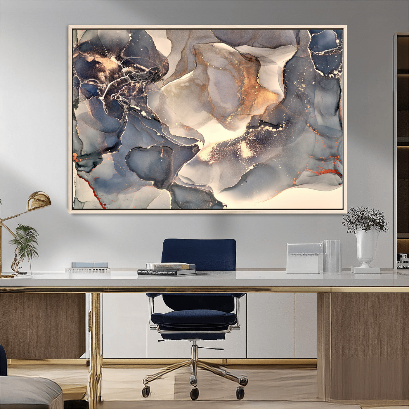 MGV-FC-36X24 - Abstract Blue and Gold Wall Art - Fluid Ink Artwork - Modern Luxury Wall Decor for Contemporary