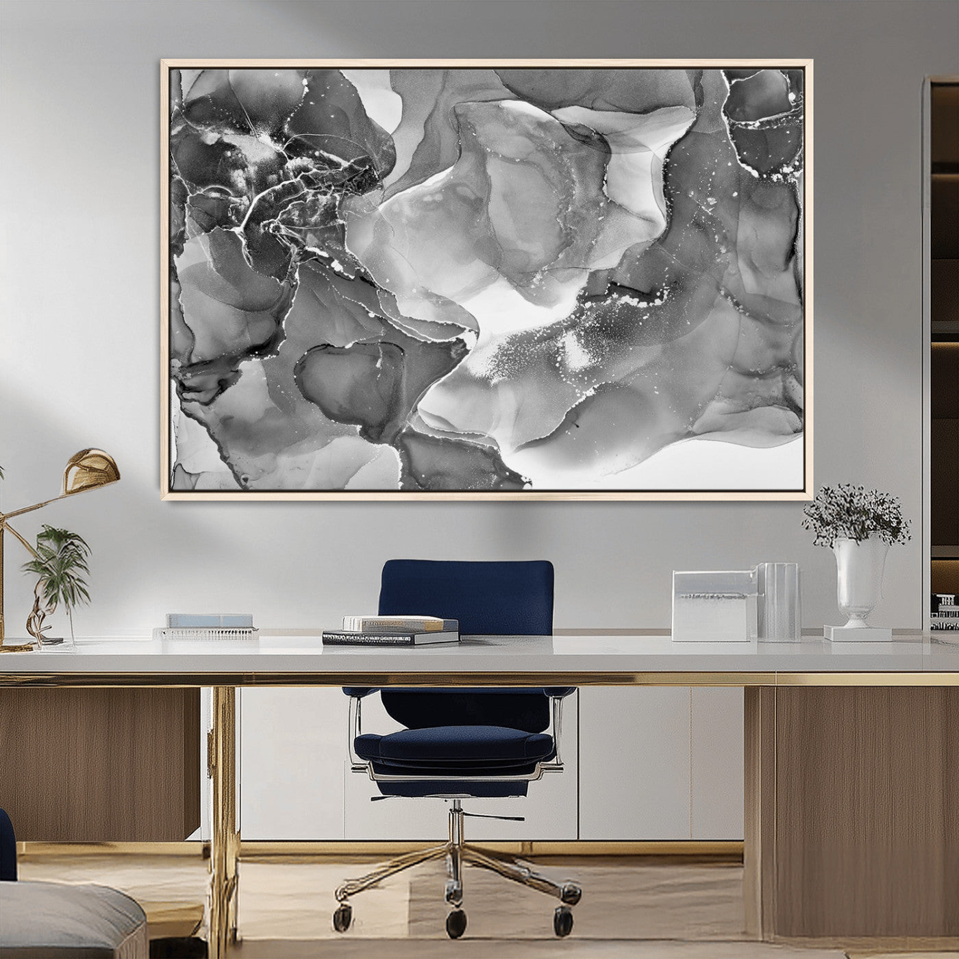 MGV-FC-36X24 - Black White Abstract Canvas Wall Art - Fluid Ink Artwork - Modern Luxury Wall Decor for Contemporary