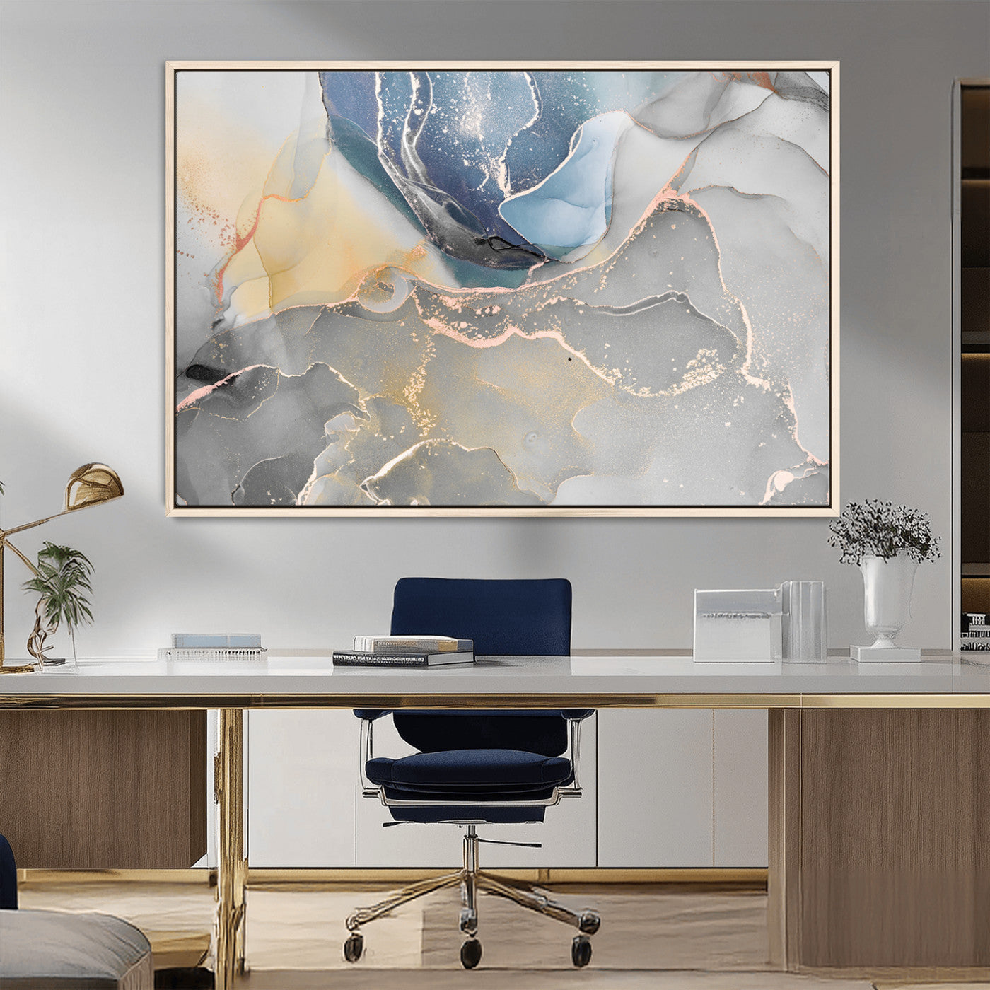 MGV-FC-36X24 - Large Abstract Blue and Gold Canvas Wall Art | Fluid Ink Artwork Print | Luxury Wall Decor for