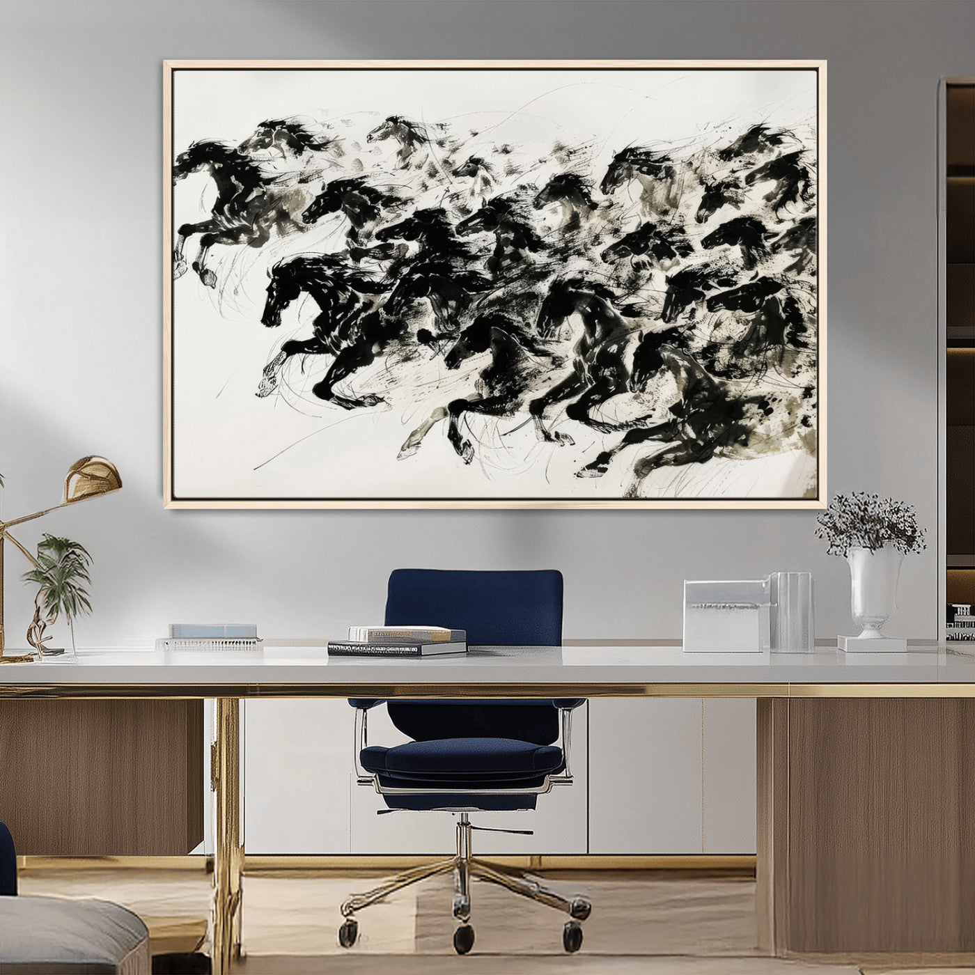 MGV-FC-36X24 - Abstract Horse Wall Art Canvas Print - Dynamic Black Ink Horse Print - Modern Equine Wall Decor for