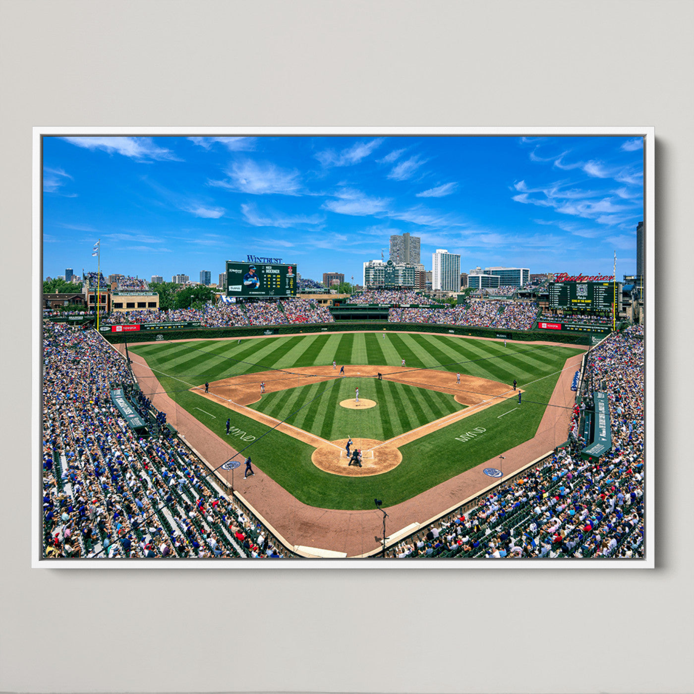 26064-MGV-CV-30X20-Framed Wrigley Field Chicago Cubs Print, Panoramic Multi Piece Canvas Wall Art - Iconic Baseball Stadium Print for Sports Lovers - Ready to