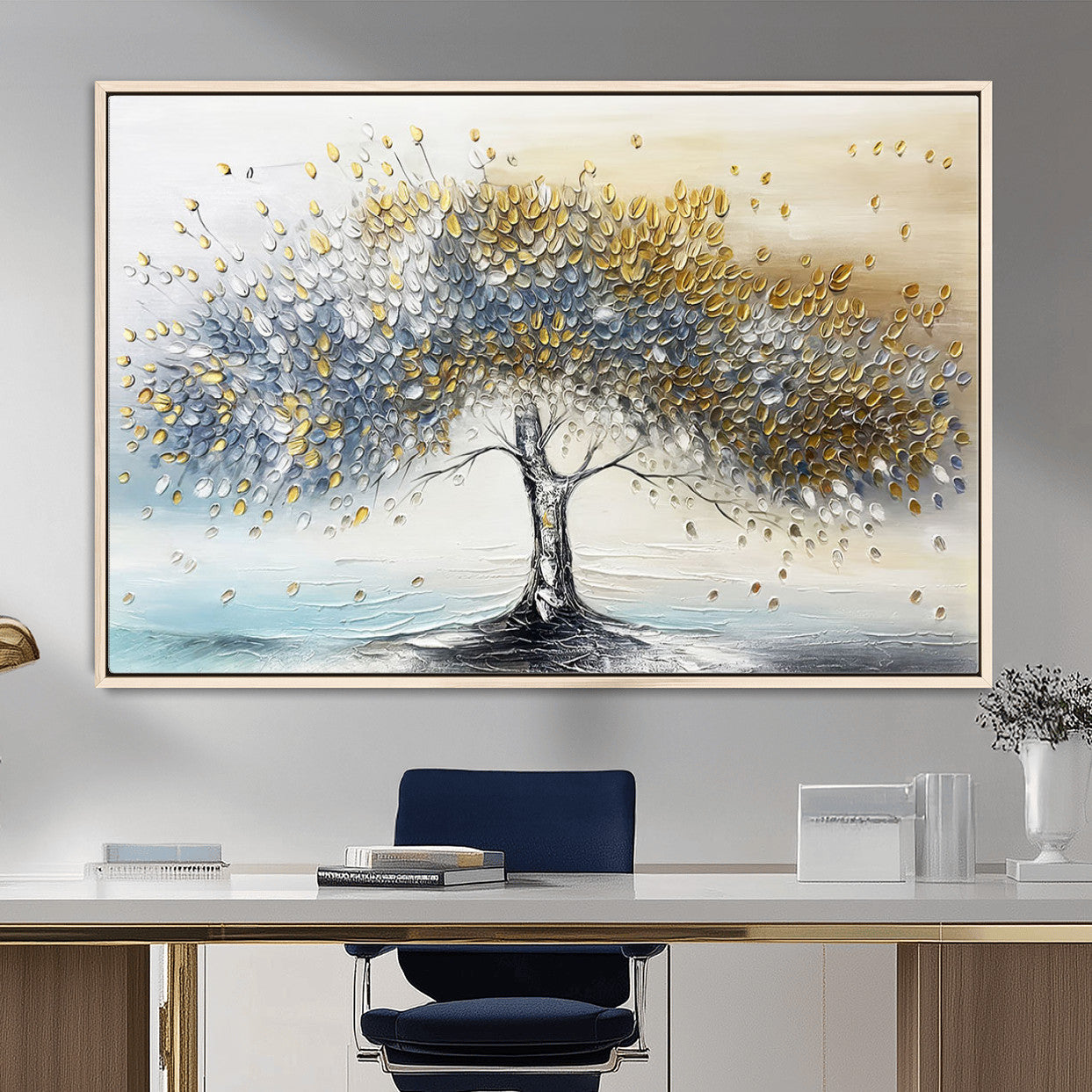 MGV-FC-36X24 - Golden & Silver Tree of Life Wall Art – Canvas Print with Whimsical Leaves Elegant Nature Design, Decorative Home, Office or Guest Room Decor