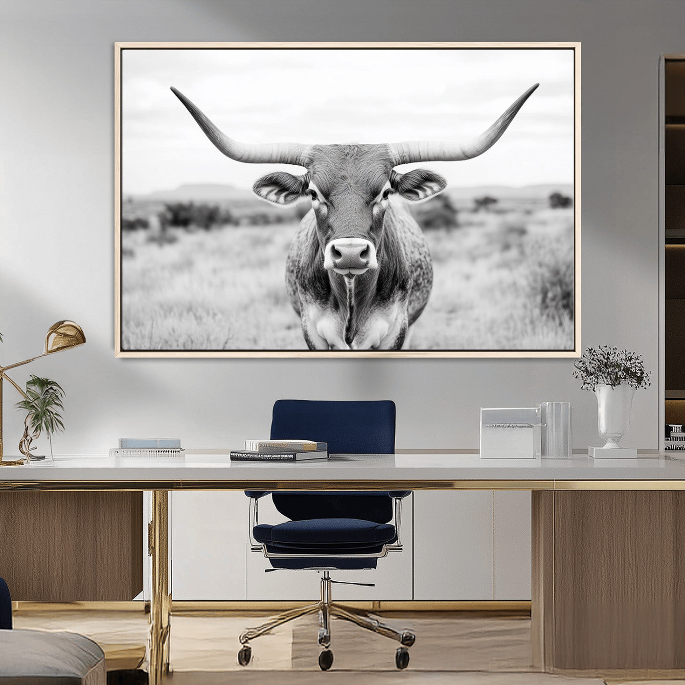 MGV-FC-36X24 - Highland Cow Wall Art Print - Black and White Texas Western Longhorn Canvas - Farmhouse Decor Print