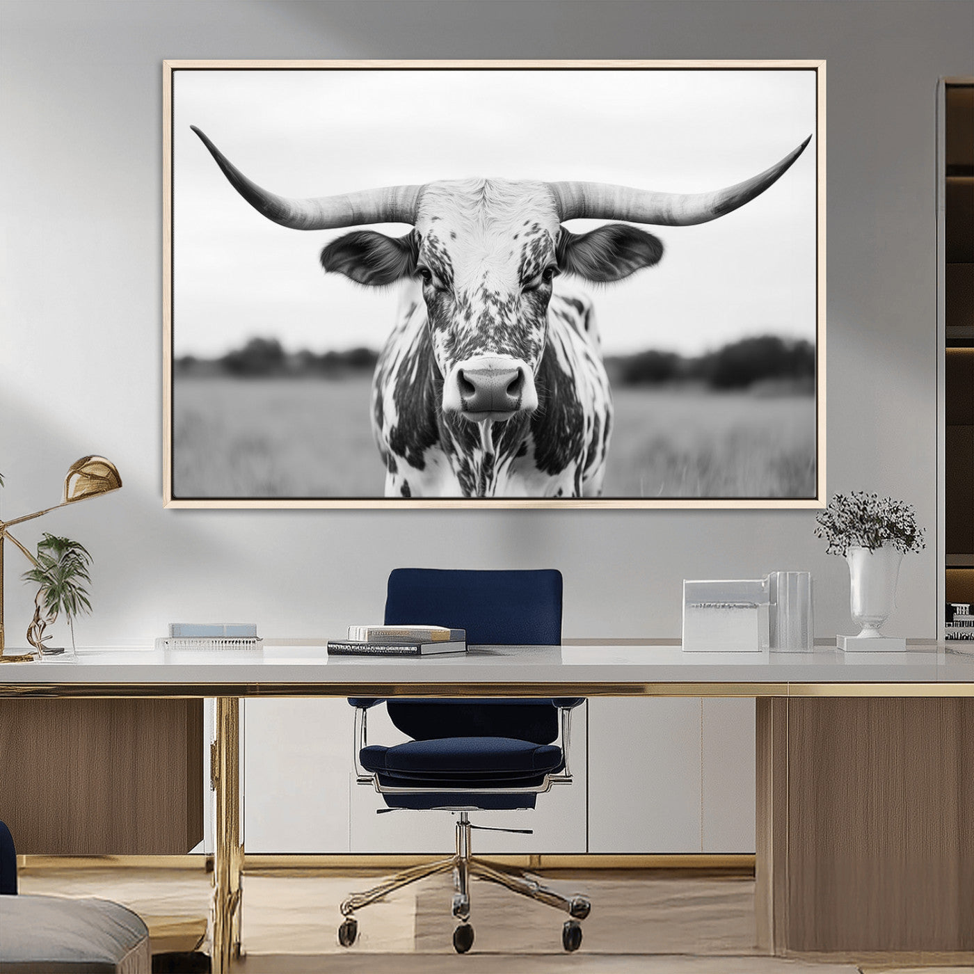 MGV-FC-36X24 - Highland Cow Wall Art - Black and White Western Longhorn Canvas Print - Farmhouse Living Room Decor