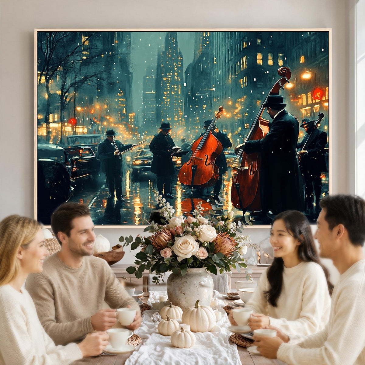 53391-MGV-CV-24X16 - Urban Night Jazz Wall Art Canvas Print | Moody Rain Soaked City Street Band Scene