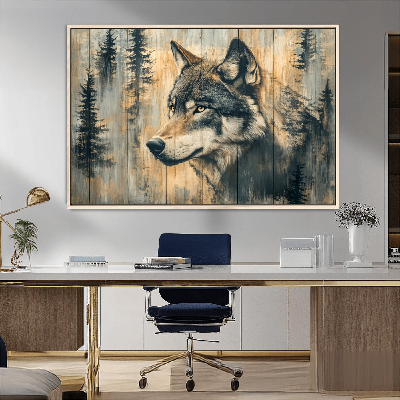 MGV-FC-36X24 - Wood Style Rustic Wolf Wall Art Canvas Print, Vintage Woodland Wolf Wall Art, Framed Wood Style Wolf