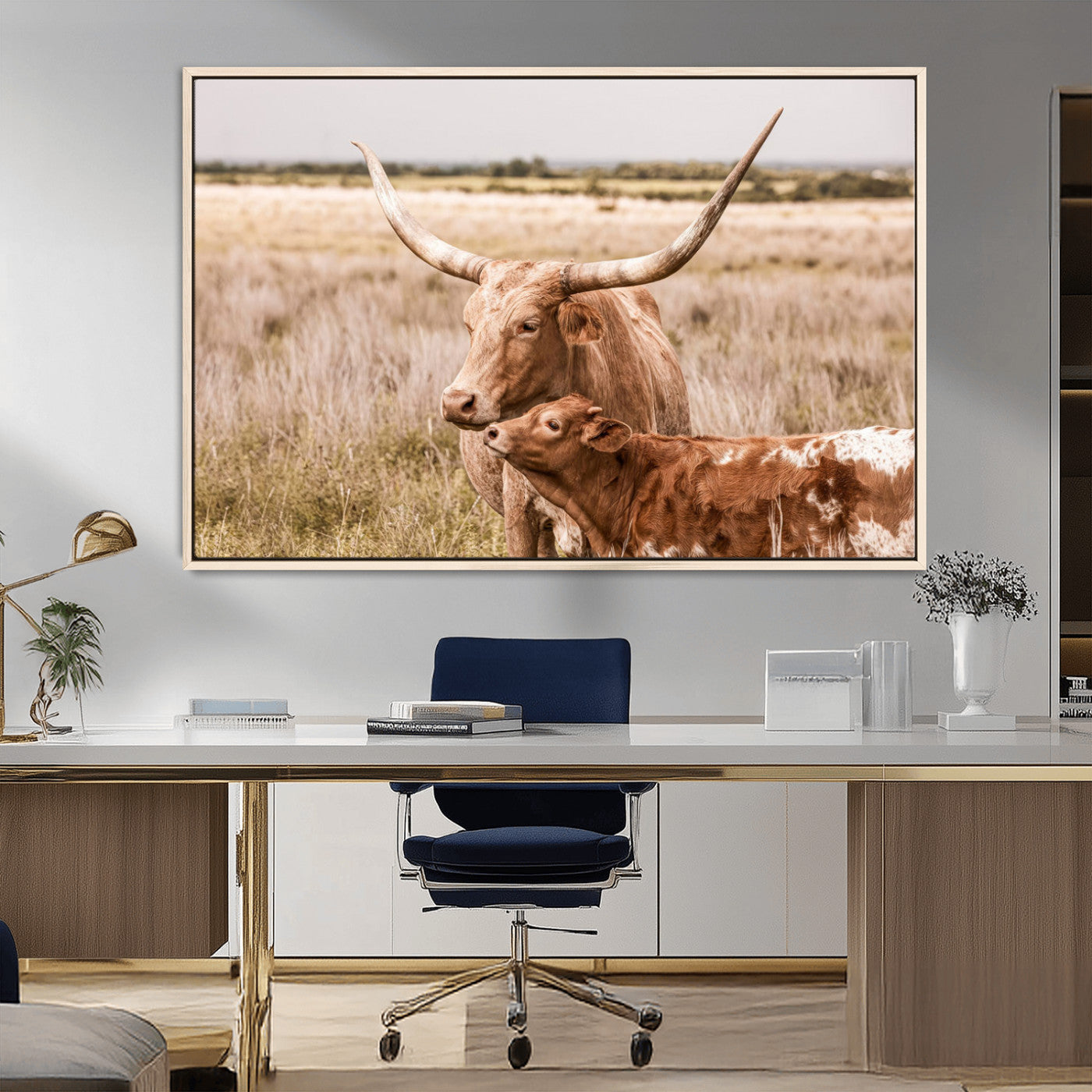 MGV-FC-36X24 - Texas Longhorn Cow Wall Art Canvas Print for Farmhouse Wall Art, Texas Decor, Western Wall Art Print