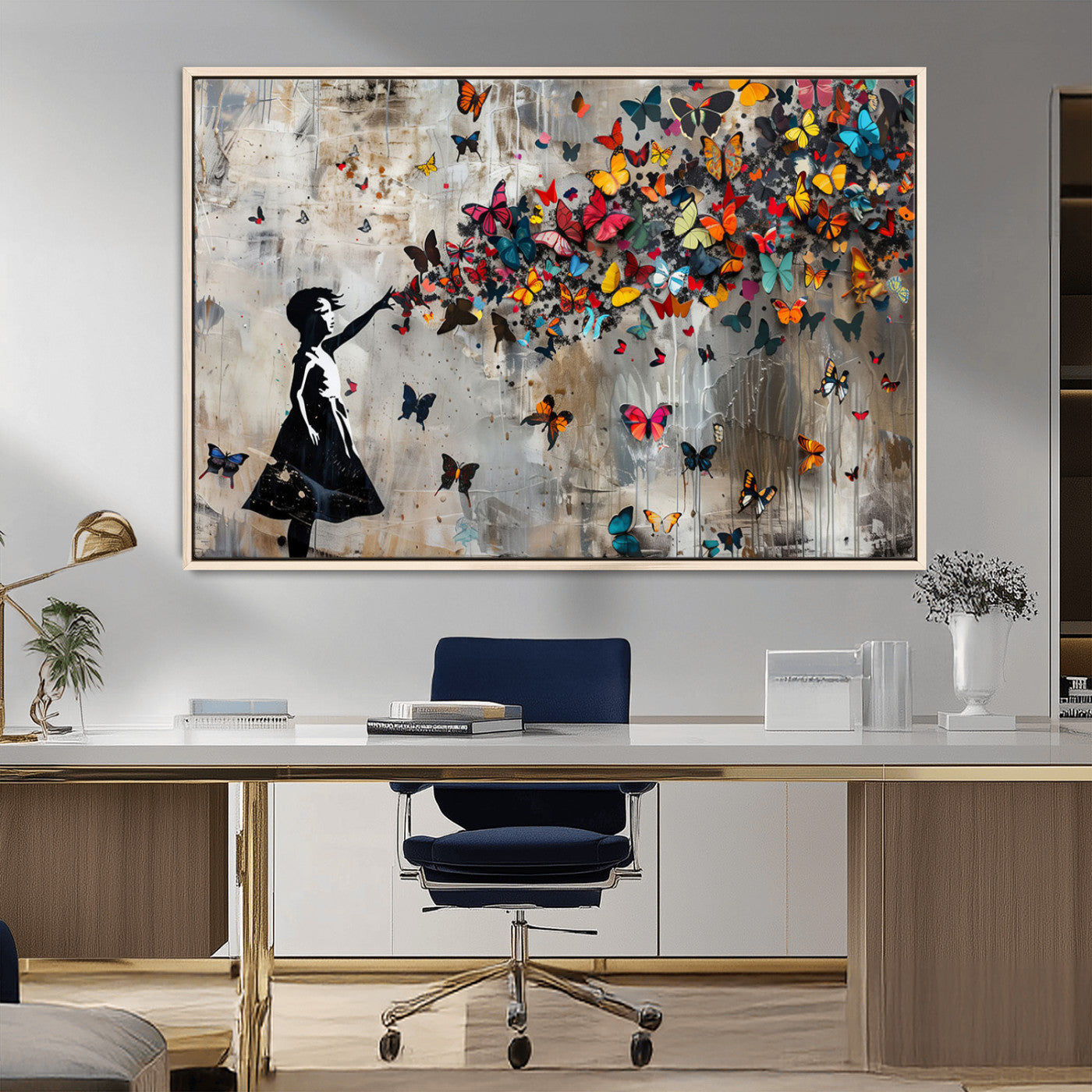 MGV-FC-36X24 - Framed Banksy Butterfly Girl Wall Art ,3-Piece Butterfly Girl Canvas, Modern Graffiti Canvas Print