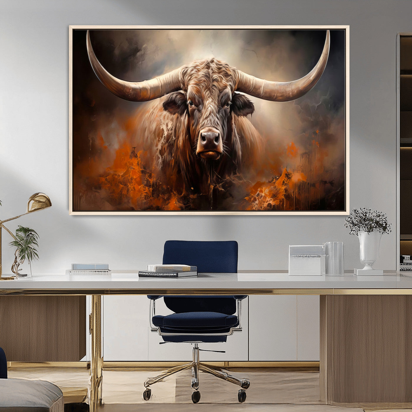 MGV-FC-36X24 - Highland Bull Canvas Abstract Canvas Wall Art Print – Powerful Highland Bull with Striking Horns in