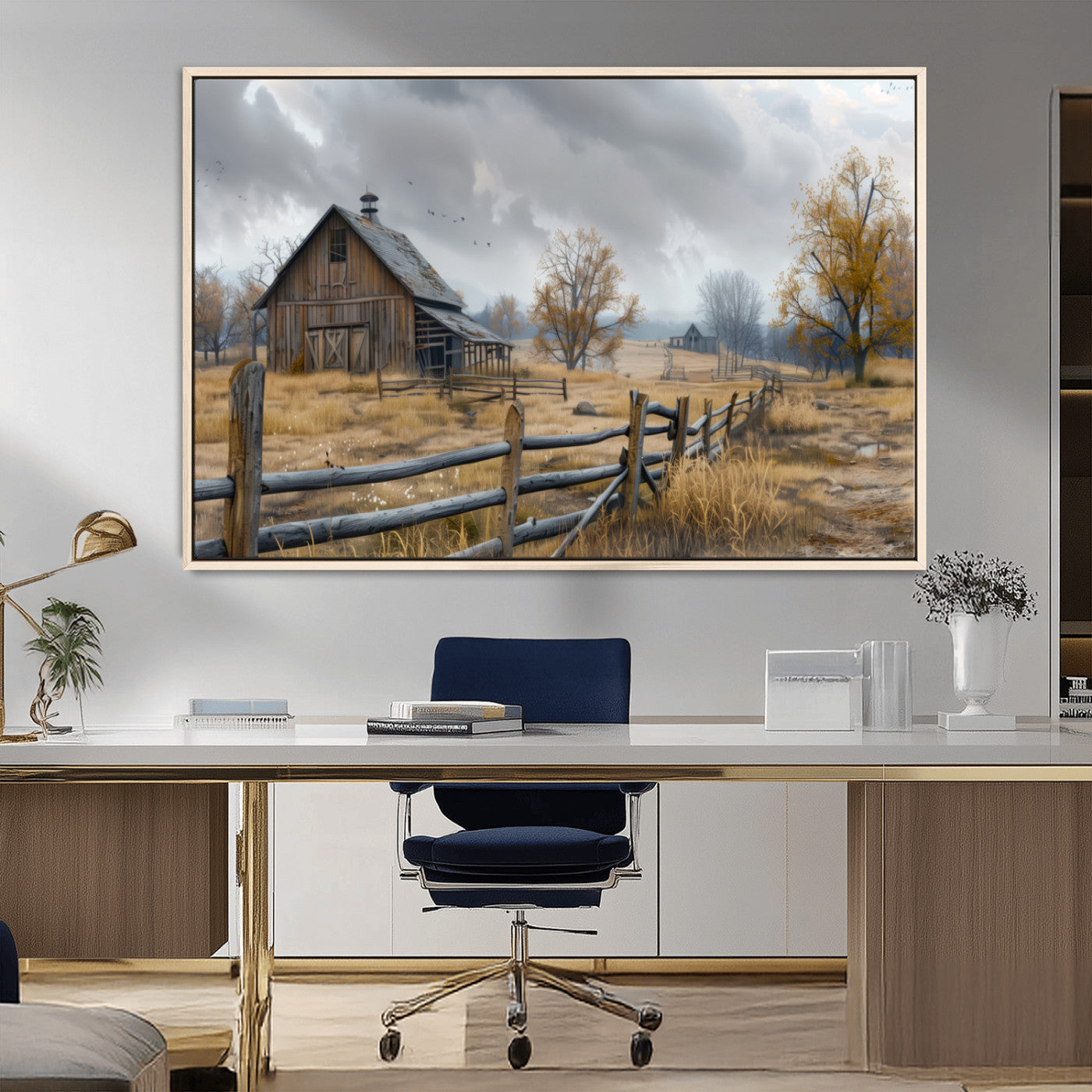 MGV-FC-36X24 - Rustic Autumn Farmhouse Wall Art Canvas Print – Serene Countryside Scene with Weathered Barn and