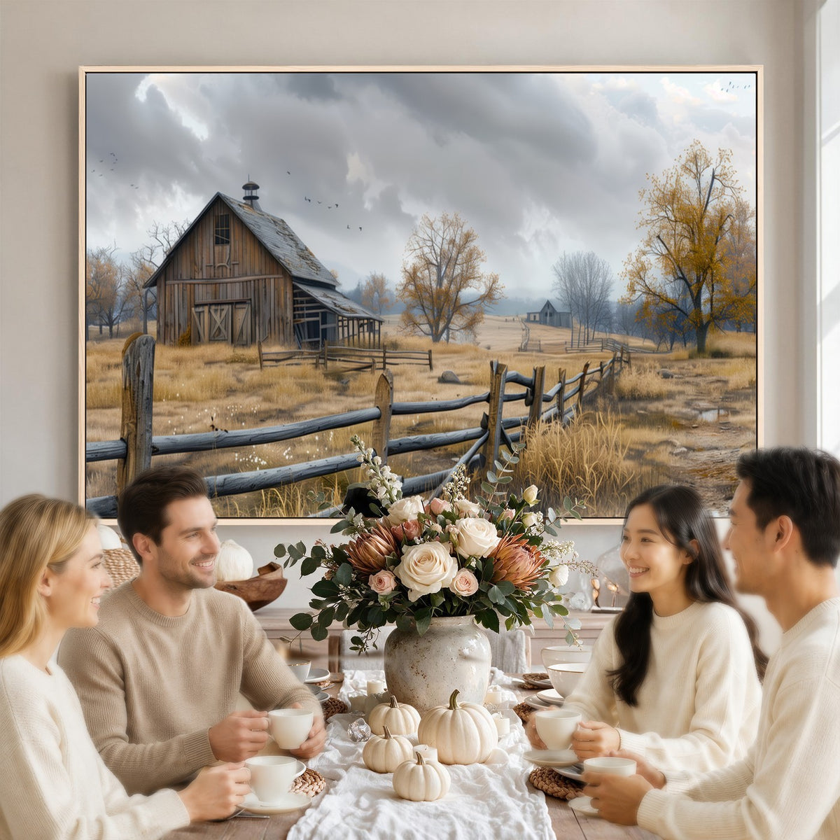 Farm1-MGV-CV-24X16 - Rustic Autumn Farmhouse Wall Art Canvas Print | Serene Countryside with Weathered Barn
