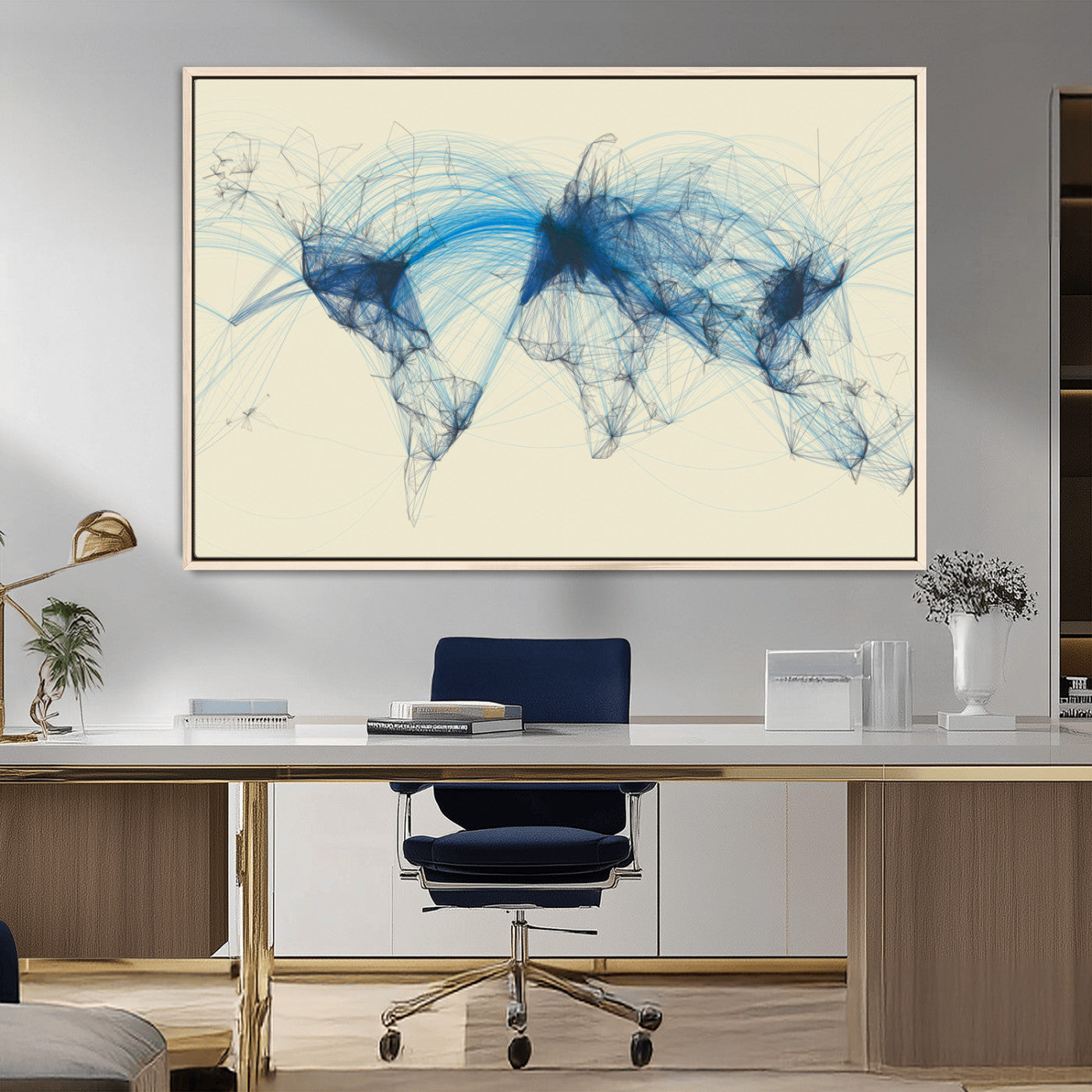 MGV-FC-36X24 - Flight Routes Map art Air Traffic Avi World Map with Blue Connections Canvas Wall Art – Modern