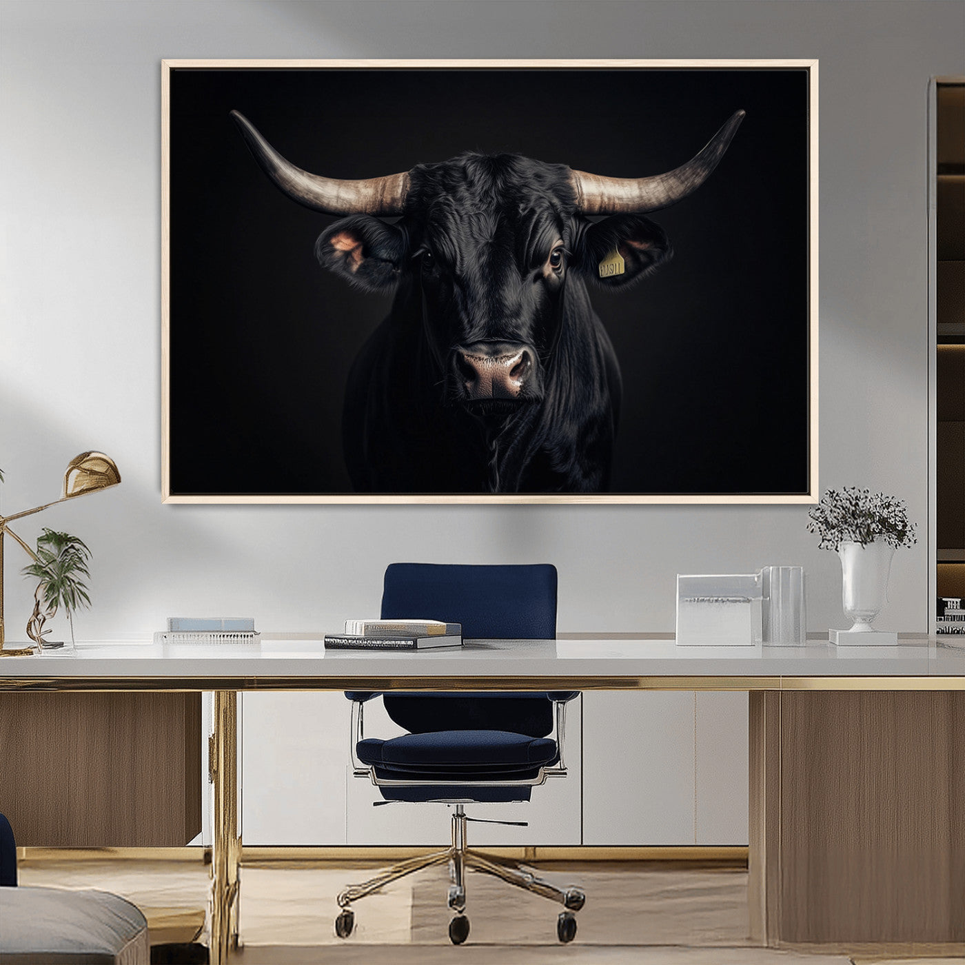 MGV-FC-36X24 - Black Bull Wall Art – Framed Horned Bull Canvas Artwork, Western Cattle Design, Rustic Ranch Style Decor for Home, Office