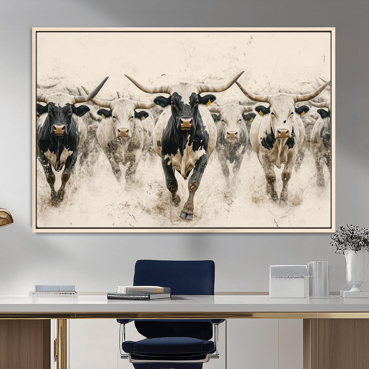 MGV-FC-36X24 - Cream Dust Longhorn Wall Art – Canvas Print of Western Herd Stampede, Dynamic Charge, Rustic Prairie Motion, Bold Nature Farm Decor