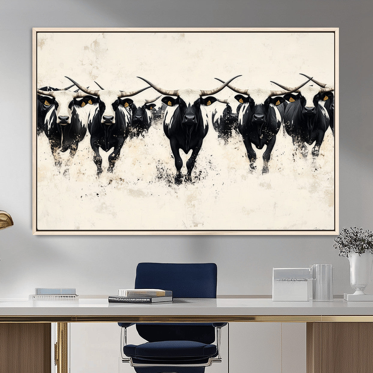 MGV-FC-36X24 - Longhorn Cattle Wall Art – Canvas Print of Herd in Motion, Symmetry and Ink Splatter, Minimalist Western Ranch, Bold Rustic Farm Decor