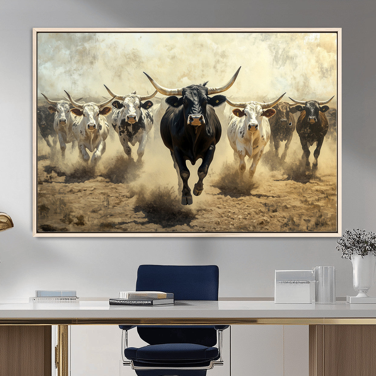 MGV-FC-36X24 - Running Cattle Wall Art – Canvas Print of Western Herd, Dust Stampede, Longhorns, Wild West Ranch, Bold Rustic Farm Decor for Home or Office