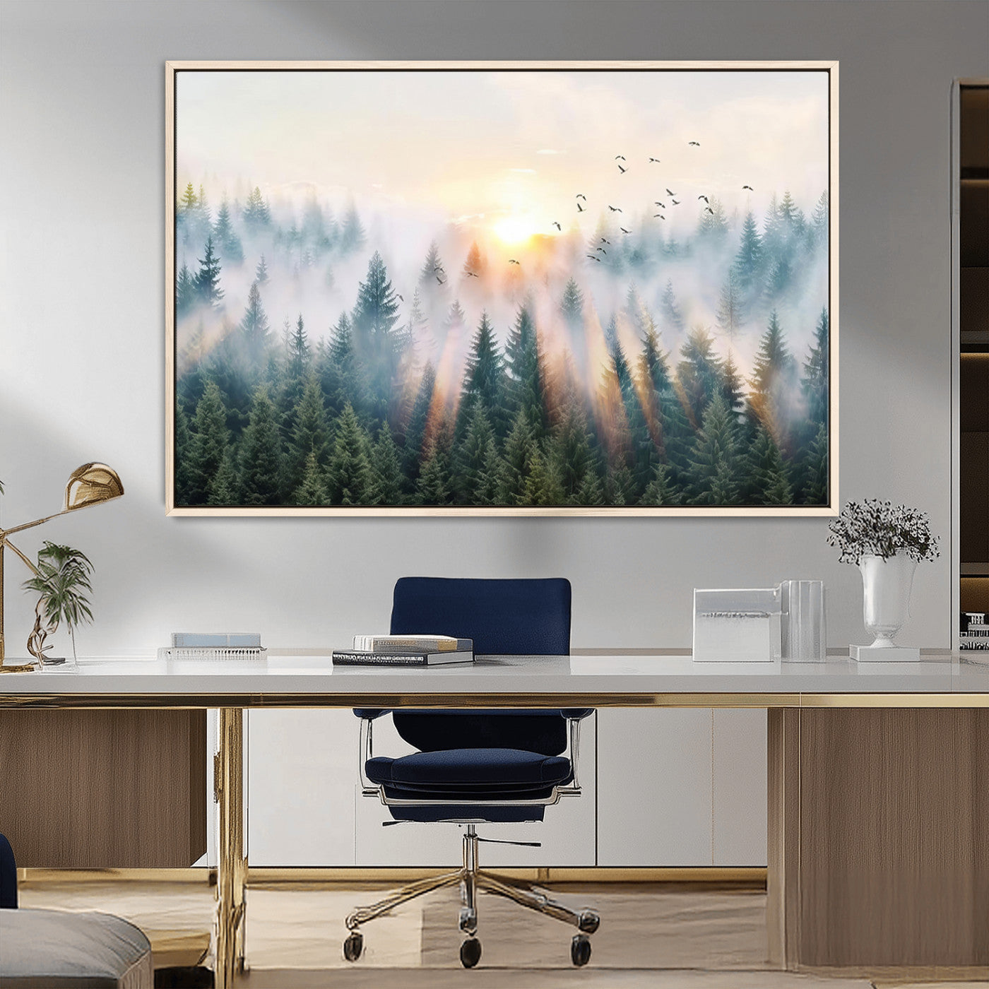 MGV-FC-36X24 - Misty Pine Forest Wall Art Canvas, Sunrise Over Foggy Trees Canvas for Home - Office, Framed