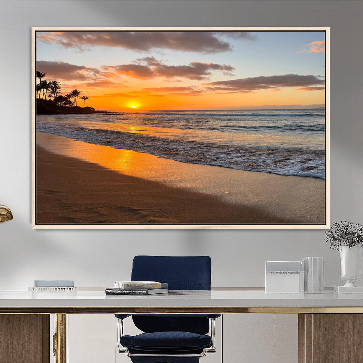 MGV-FC-36X24 - Sunset Glow Wall Art – Canvas Print of Ocean Breeze, Golden Sand, Tropical Palm Silhouettes, Tranquil Waves, Beach Nature Decor for Home