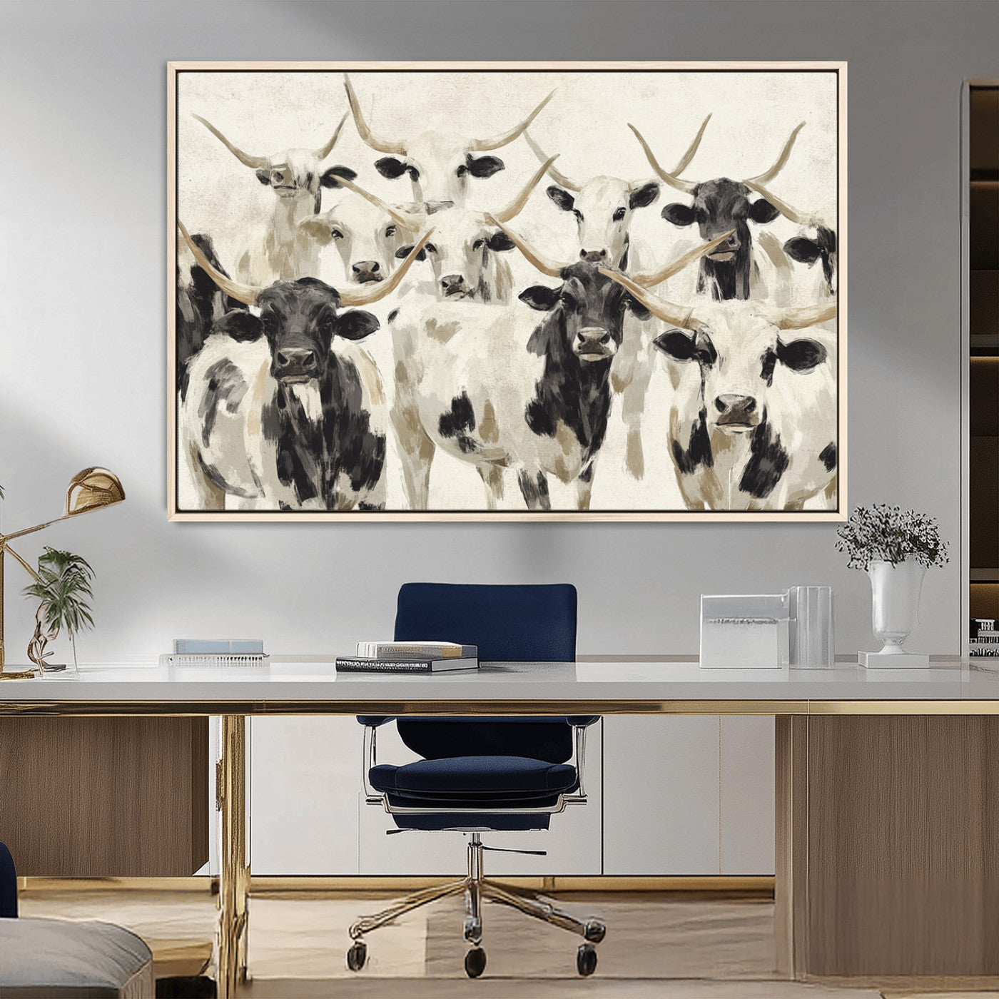 MGV-FC-36X24 - Longhorn Texas Cow Drawing Abstract Wall Art Canvas Print for Farmhouse Decor, Texas Bull Printing