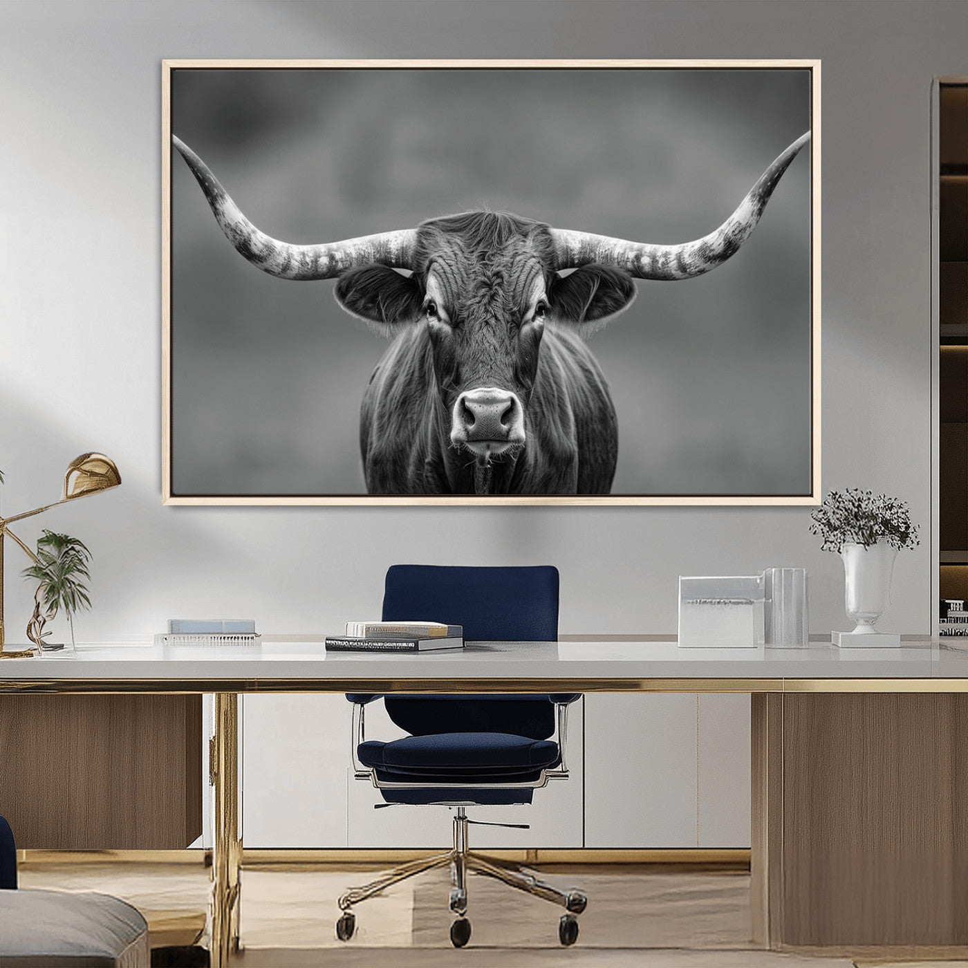 MGV-FC-36X24 - Framed Texas Longhorn Bull Art Canvas Print, Western Bull Wall Art Print, Long Horn Bull Photo Print