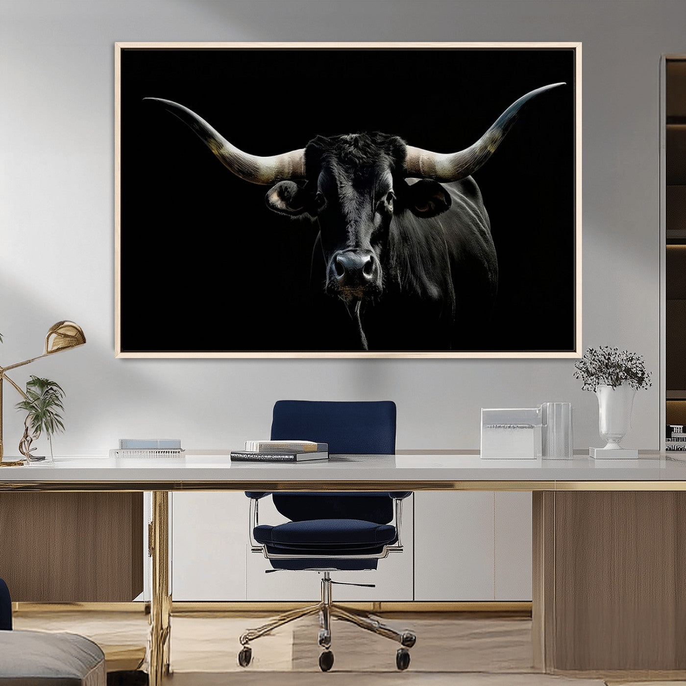 MGV-FC-36X24 - Texas Black Bull Wall Art Print, Longhorn Bull Canvas Wall Art
