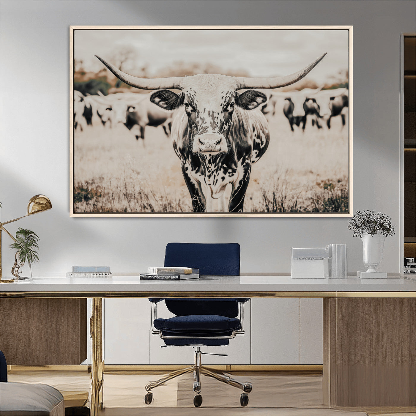 MGV-FC-36X24 - Texas Longhorn Wall Art Canvas Print, Framed Speckled Cow Art Picture Print, Horned Cattle Perfect Rustic Western Decor Artwork