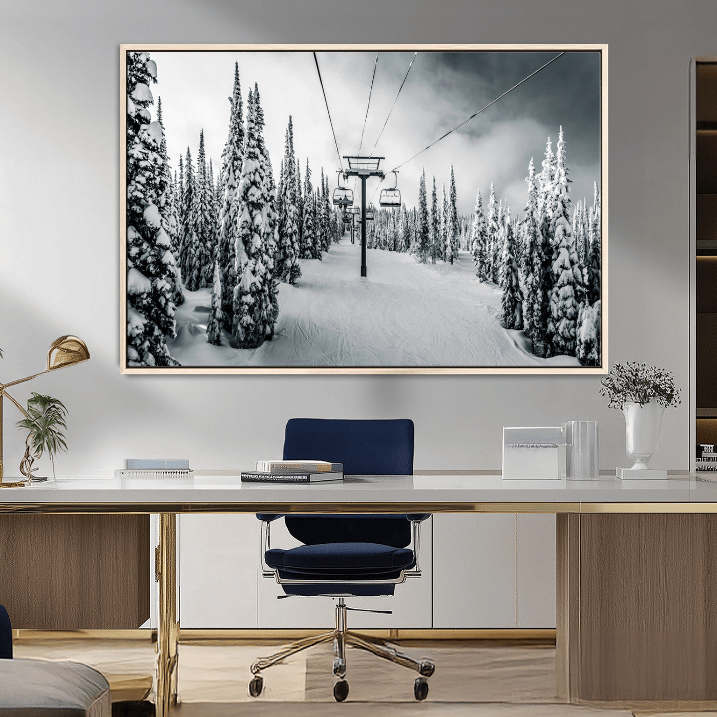 MGV-FC-36X24 - Snowy Pines Wall Art Canvas Print, Framed Ski Lift Art Picture Print, Winter Forest Perfect Moody Lodge Decor Artwork