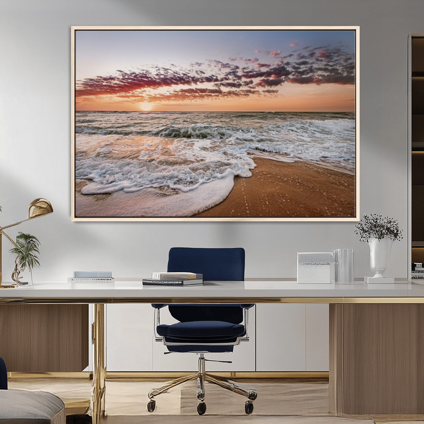 MGV-FC-36X24 - Ocean Sunset Wall Art Canvas Print, Framed Sandy Shore Art Picture Print, Gentle Waves Perfect Minimalist Coastal Decor Artwork