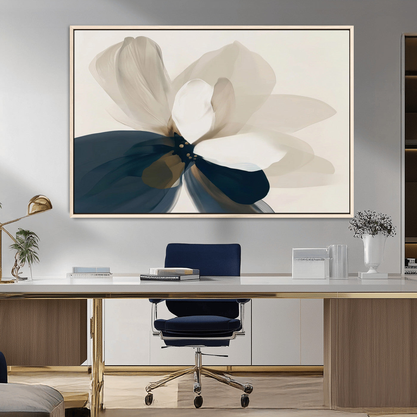 MGV-FC-36X24 - Minimal Flower Wall Art Canvas Print, Framed Flower Drawing Art Picture Print, Beige Bloom Perfect Modern Botanical Decor Artwork