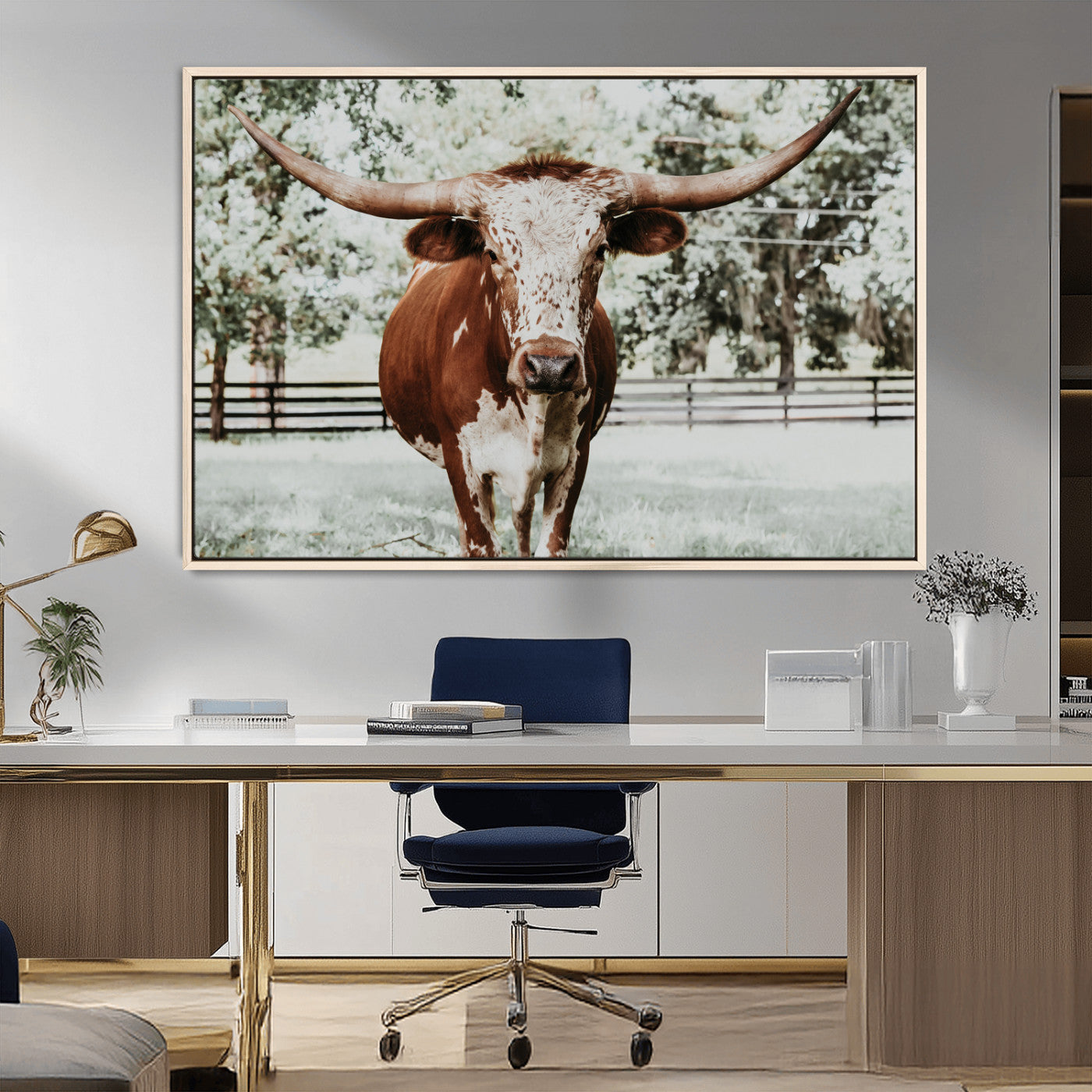 MGV-FC-36X24 - Texas Longhorn Wall Art Canvas Print, Framed Spotted Cow Art Picture Print, Horned Cattle Perfect Rustic Western Decor Artwork