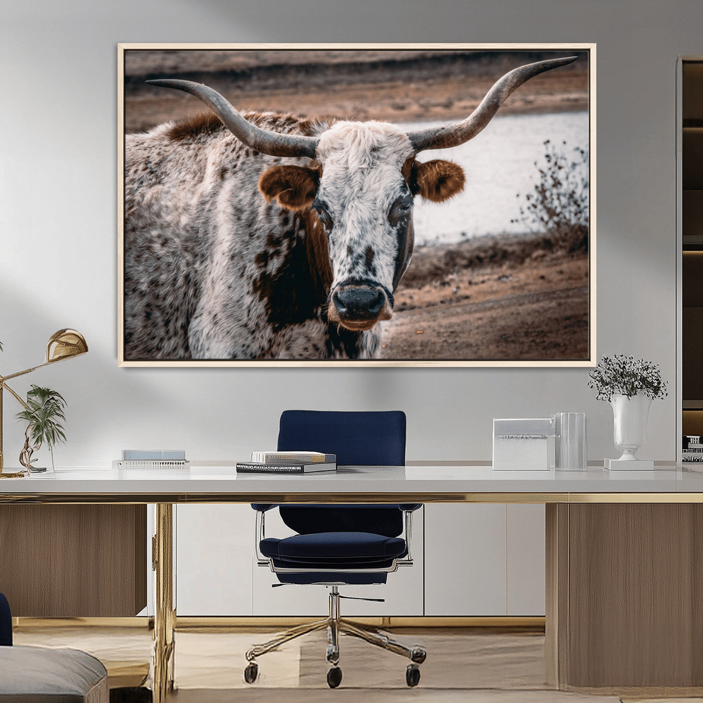 MGV-FC-36X24 - Texas Longhorn Wall Art Canvas Print, Framed Spotted Cow Art Picture Print, Horned Cattle Perfect Rustic Western Decor Artwork