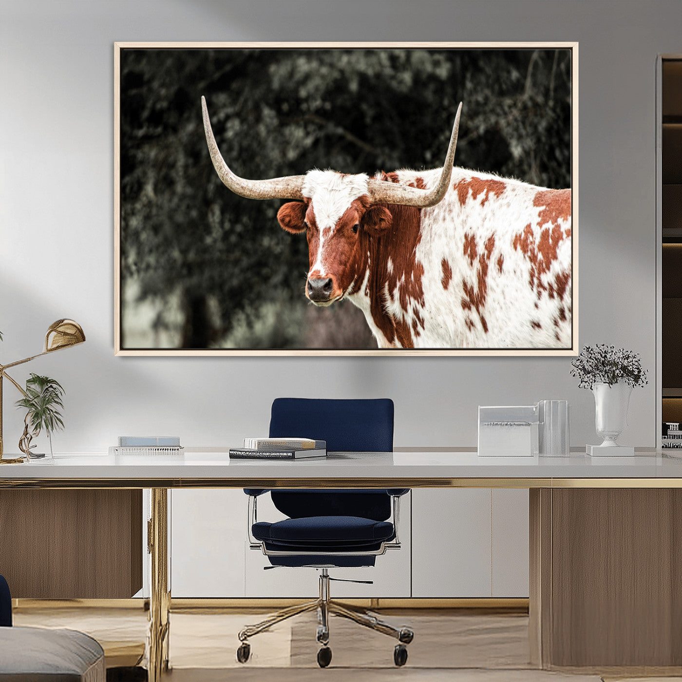 MGV-FC-36X24 - Texas Longhorn Wall Art Canvas Print, Framed Spotted Cow Art Picture Print, Horned Bull Perfect Rustic Western Decor Artwork