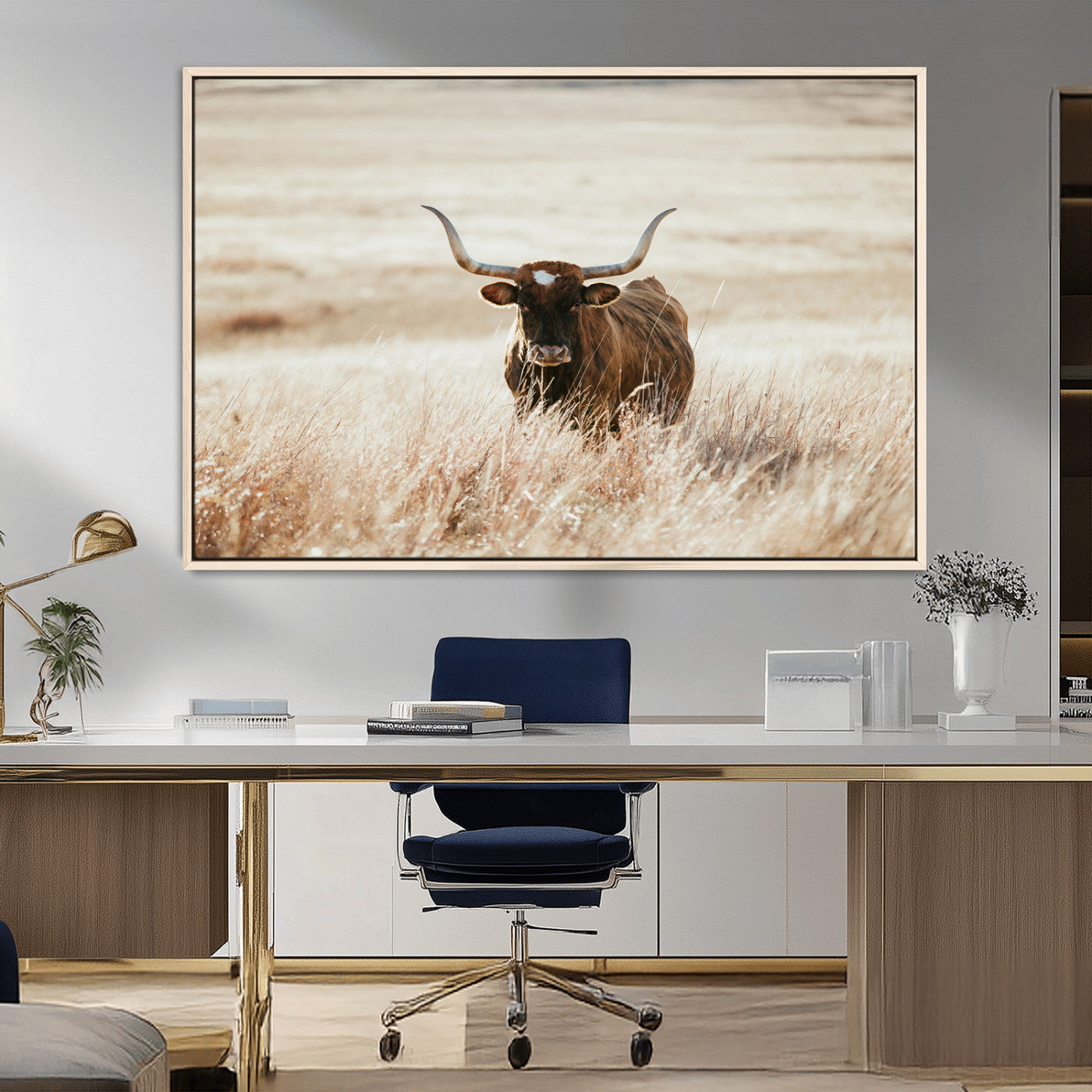 MGV-FC-36X24 - Texas Longhorn Wall Art Canvas Print, Framed Brown Cattle Art Picture Print, Horned Bull Perfect Rustic Western Decor Artwork
