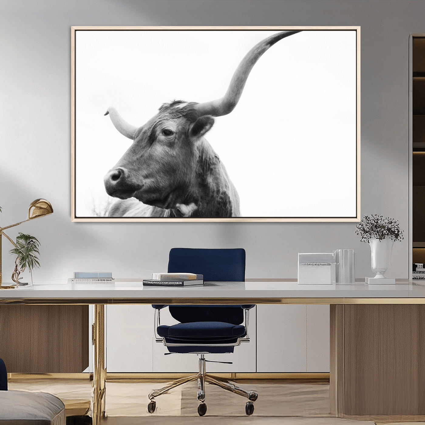 MGV-FC-36X24 - Longhorn Wall Art Wall Art Canvas Print, Framed Modern Ranch Style Art Art Picture Print, Monochrome Cow Print Perfect Rustic Western Decor Artwork