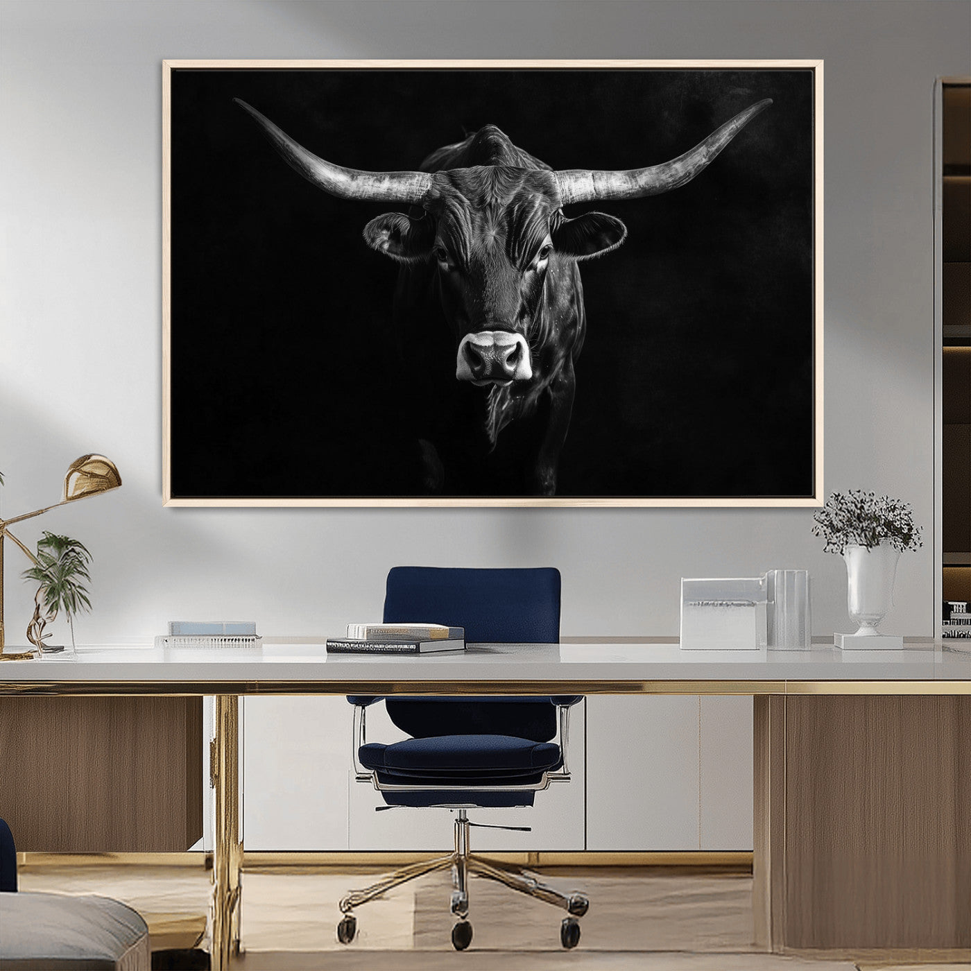 MGV-FC-36X24 - Texas Longhorn Wall Art Canvas Print, Framed Monochrome Bull Art Picture Print, Horned Bull Perfect Rustic Western Decor Artwork