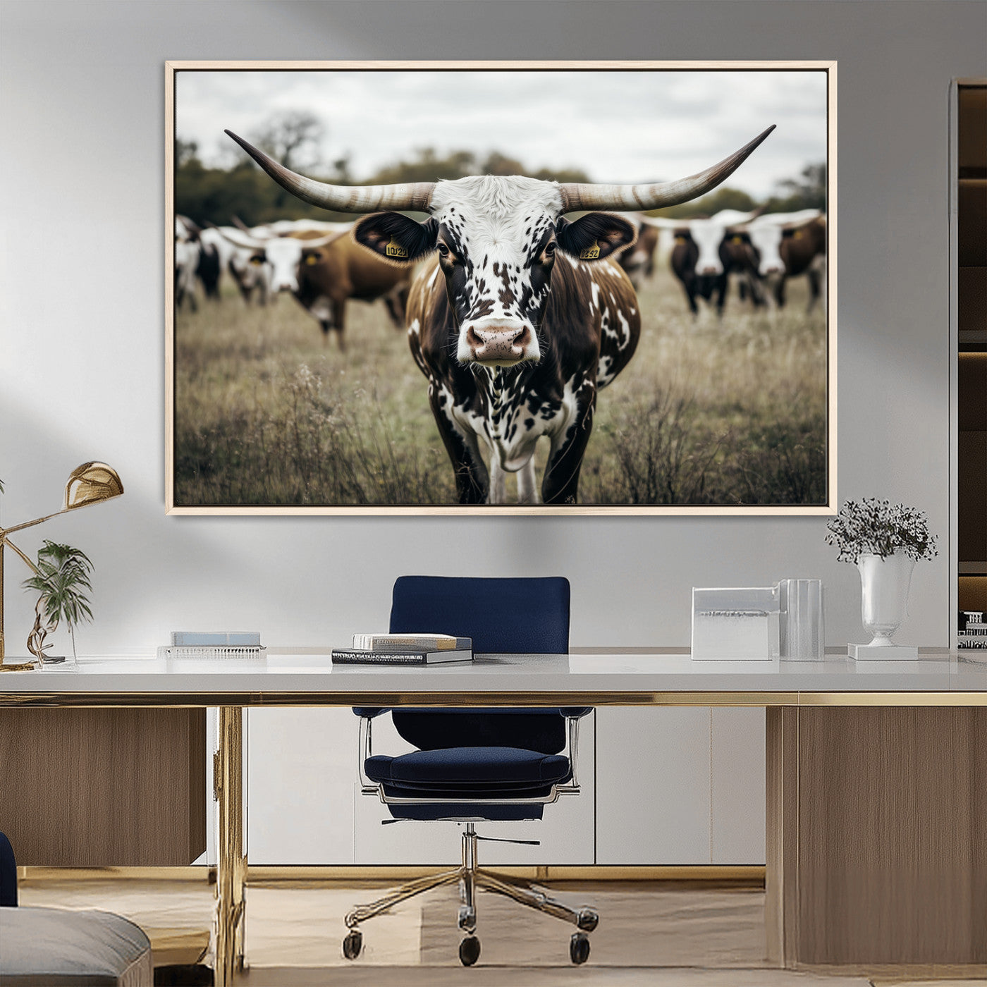 MGV-FC-36X24 - Majestic Longhorn Cow Wall Art – Canvas Print of Intricate Fur & Sharp Horns Earthy Tones Serene Landscape, Rustic Charm Decor for Living Room, Office or Bedroom