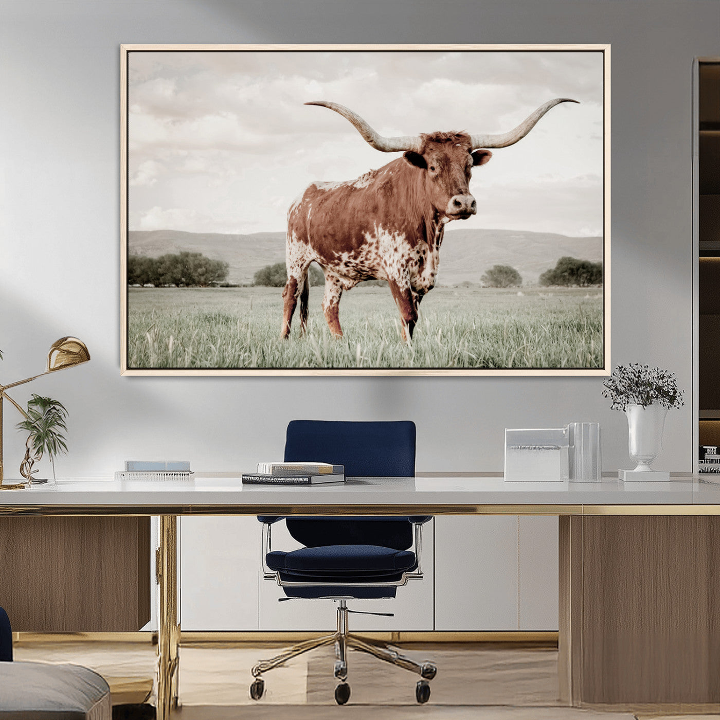MGV-FC-36X24 - Texas Longhorn Wall Art Canvas Print, Framed Spotted Cattle Art Picture Print, Horned Bull Perfect Rustic Western Decor Artwork