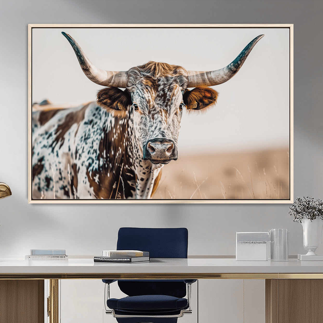 70414966-MGV-FC-36X24 - Majestic Longhorn Wall Art – Canvas Print of Strong Stance Intricate Fur & Sharp Horns Rustic Elegance & Timeless Wild Beauty Decor for Living Room, Office or Bedroom