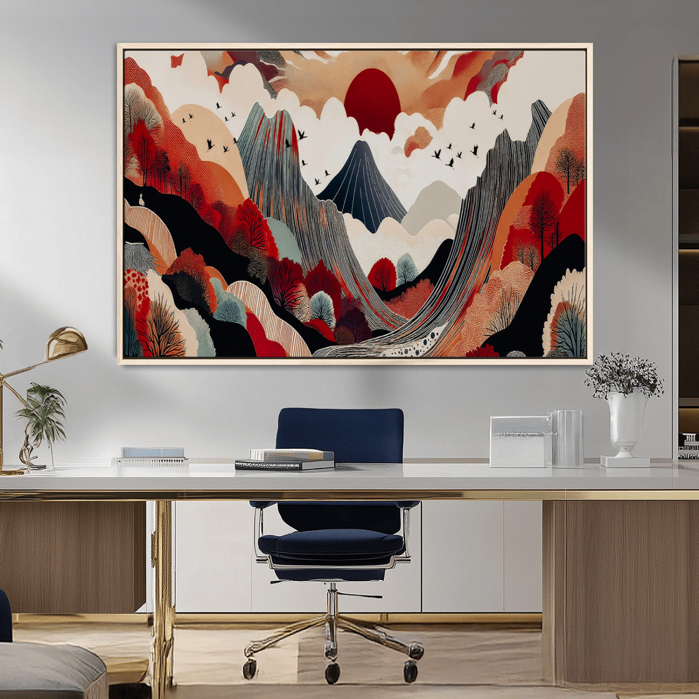 MGV-FC-36X24 - Abstract Mountain Wall Art Canvas Print, Framed Vibrant Landscape Art Picture Print, Stylized Nature Drawing Perfect Contemporary Minimalist Decor Artwork