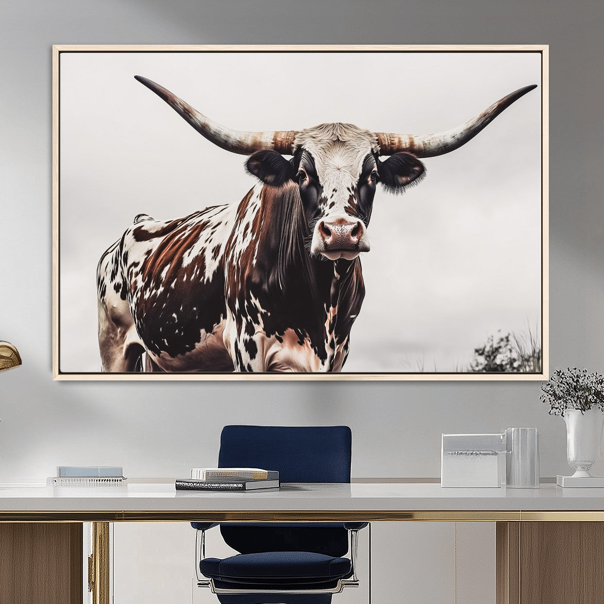MGV-FC-36X24 - Texas Longhorn Wall Art Canvas Print, Framed Spotted Bull Art Picture Print, Horned Cattle Perfect Rustic Farmhouse Decor Artwork