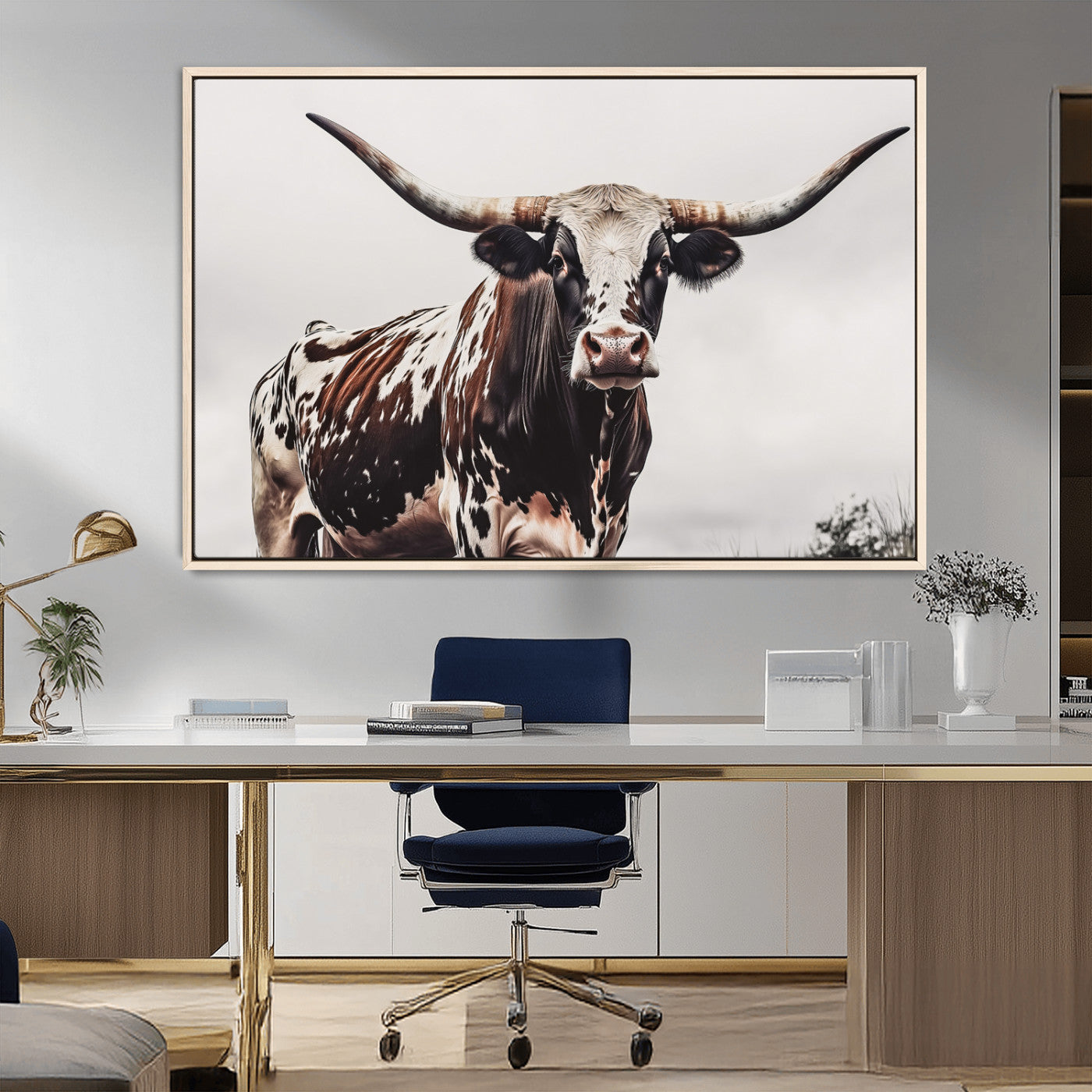 MGV-FC-36X24 - Texas Longhorn Wall Art Canvas Print, Framed Spotted Bull Art Picture Print, Horned Cattle Perfect Rustic Farmhouse Decor Artwork
