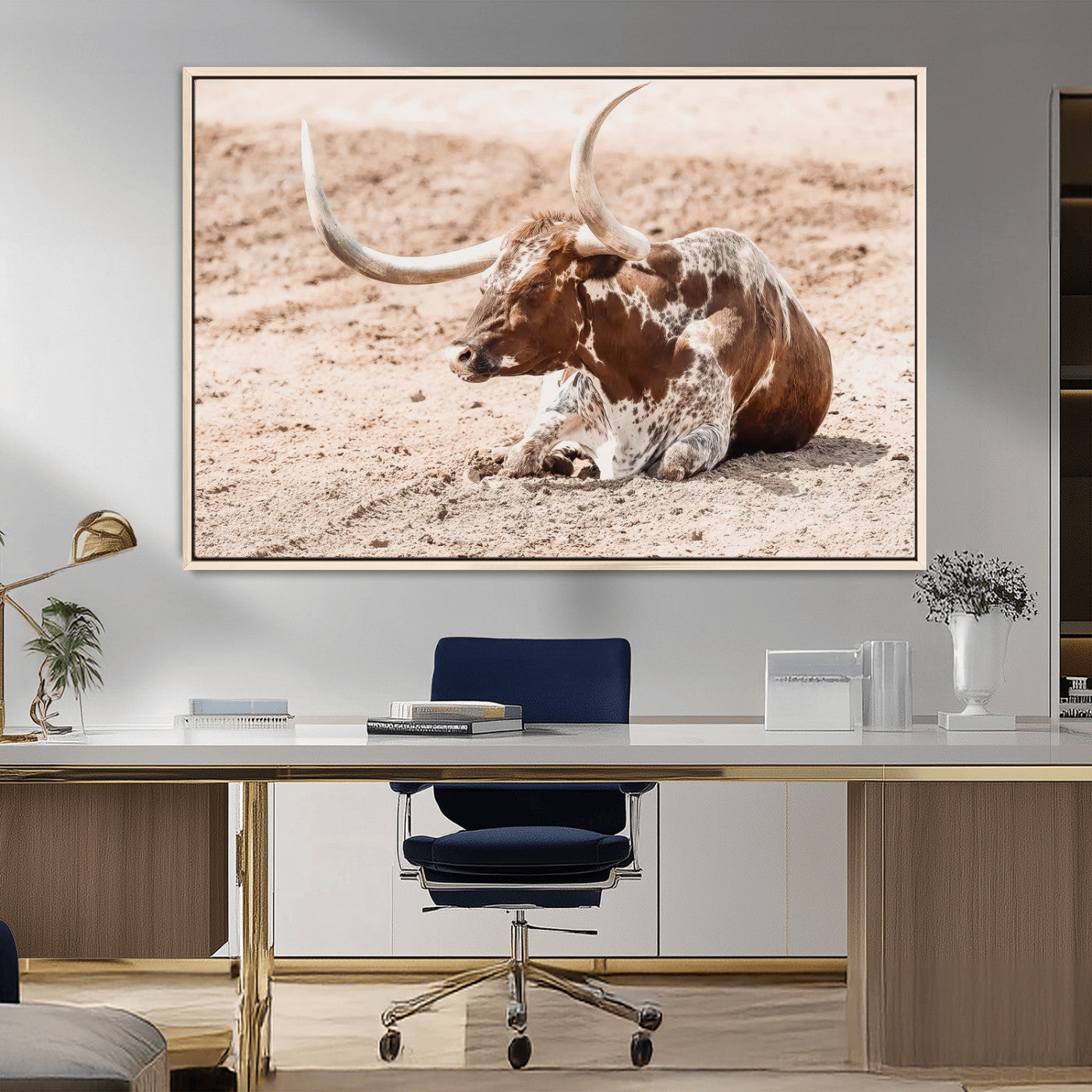 MGV-FC-36X24 - Texas Longhorn Wall Art Canvas Print, Framed Resting Bull Art Picture Print, Spotted Cattle Perfect Rustic Western Decor Artwork